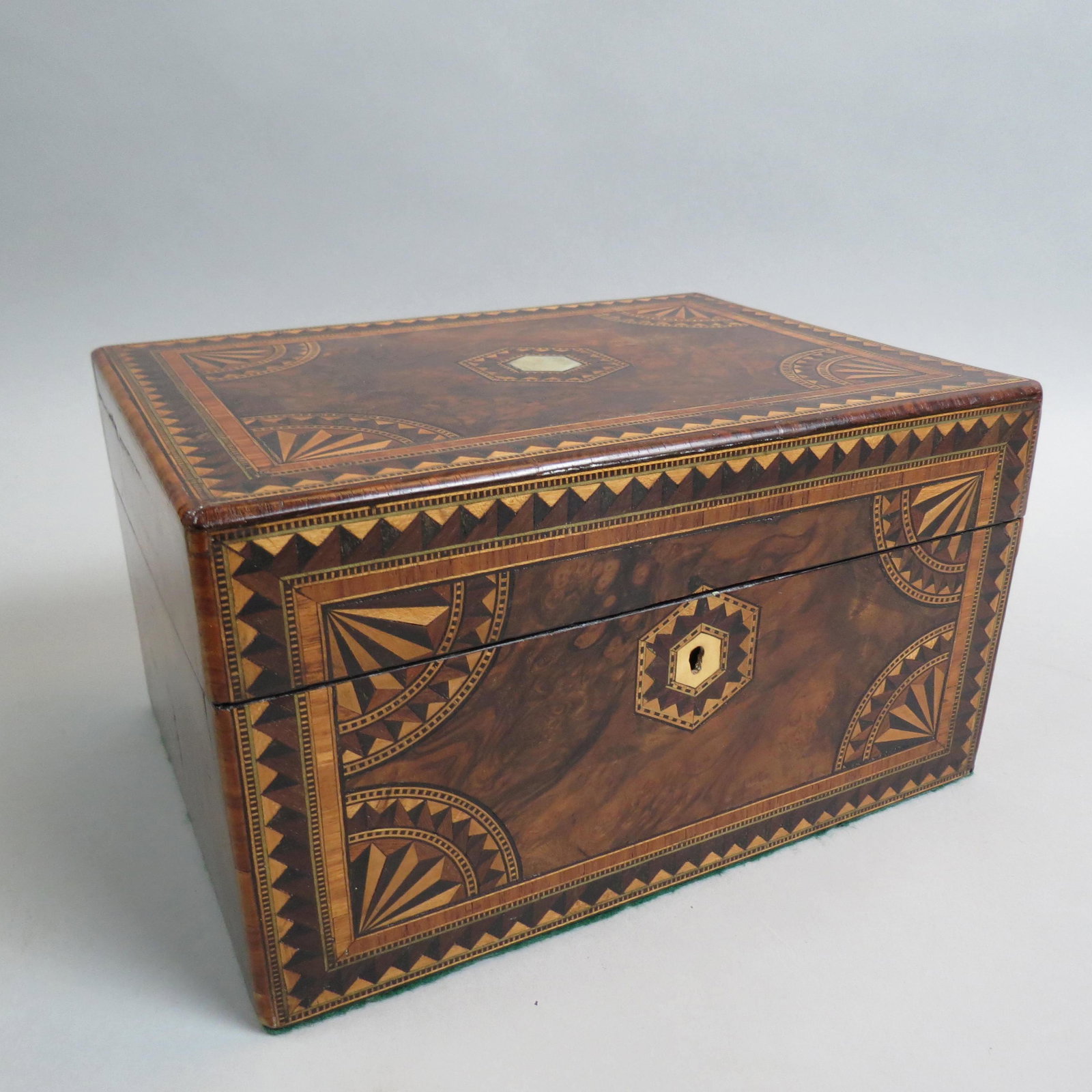 Antique Wooden Box w. Fine Inlaid Designs,: circa 1880, 8" x 11" x 6", with key.