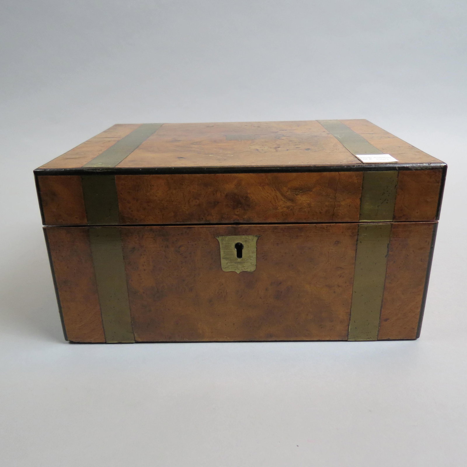 Antique Burl Wood Travel or Lap Desk Box,: brass stamp design, inner tooled leather writing surface, compartments, 9" x 12" x 6".
