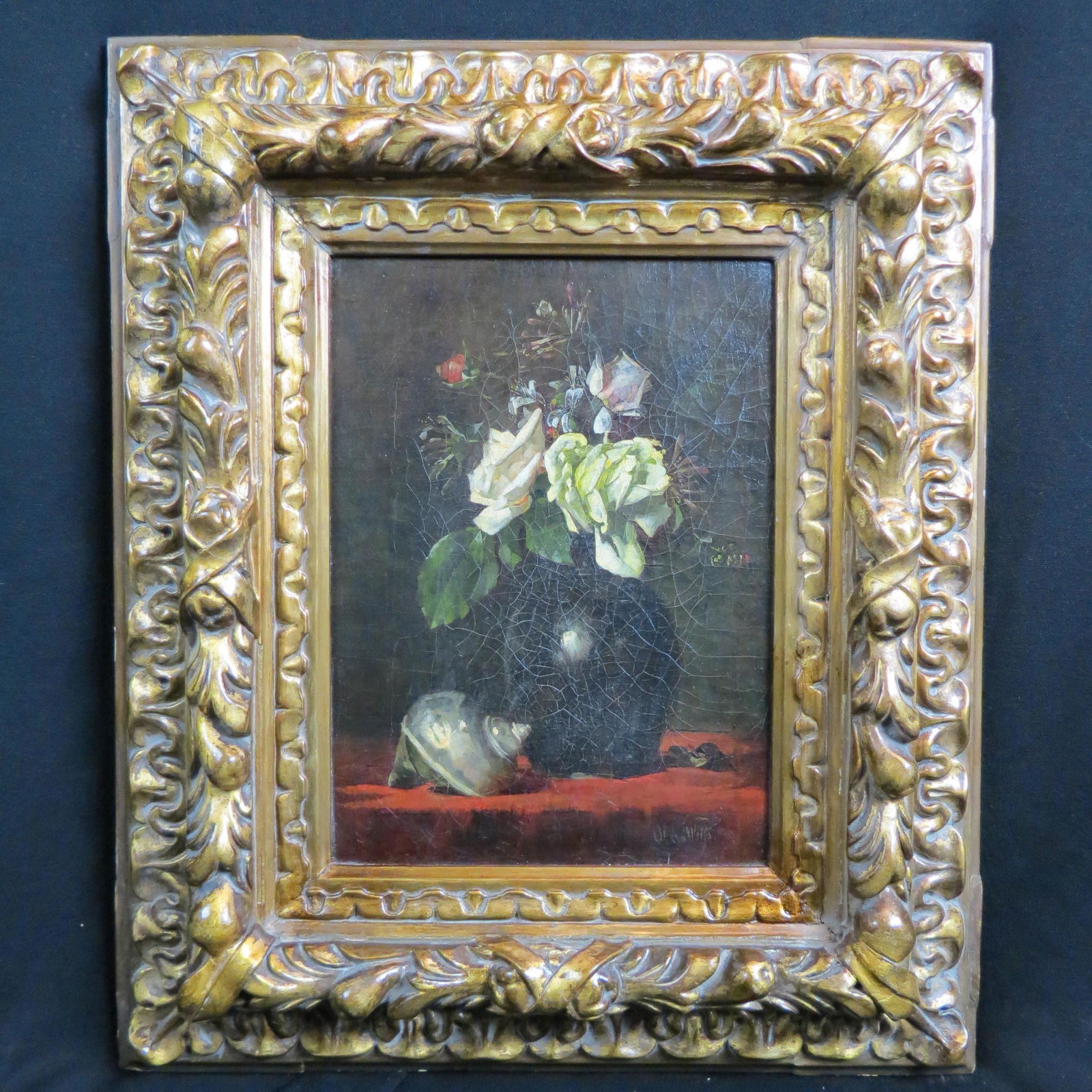 Olga Weiss, oil, Floral Still Life,: well listed 19th century German artist, canvas laid on board, image area approx. 13" X 9 1/2" plus gold frame, signed.Olga Weiss (1853 - 1903) was active/lived in Germany.
