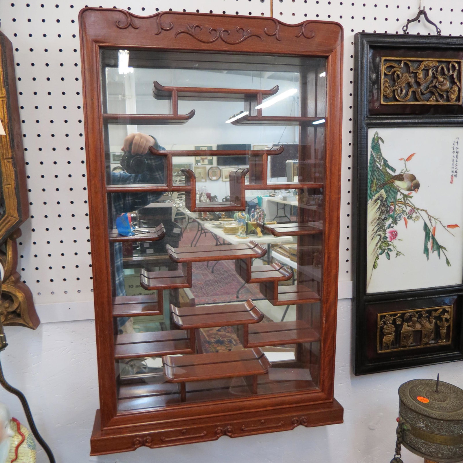 Chinese Wooden Wall Cabinet,: glass door, inner shelves, mirrored back, locking, with key, overall 30" tall, 20" wide, 4" deep.