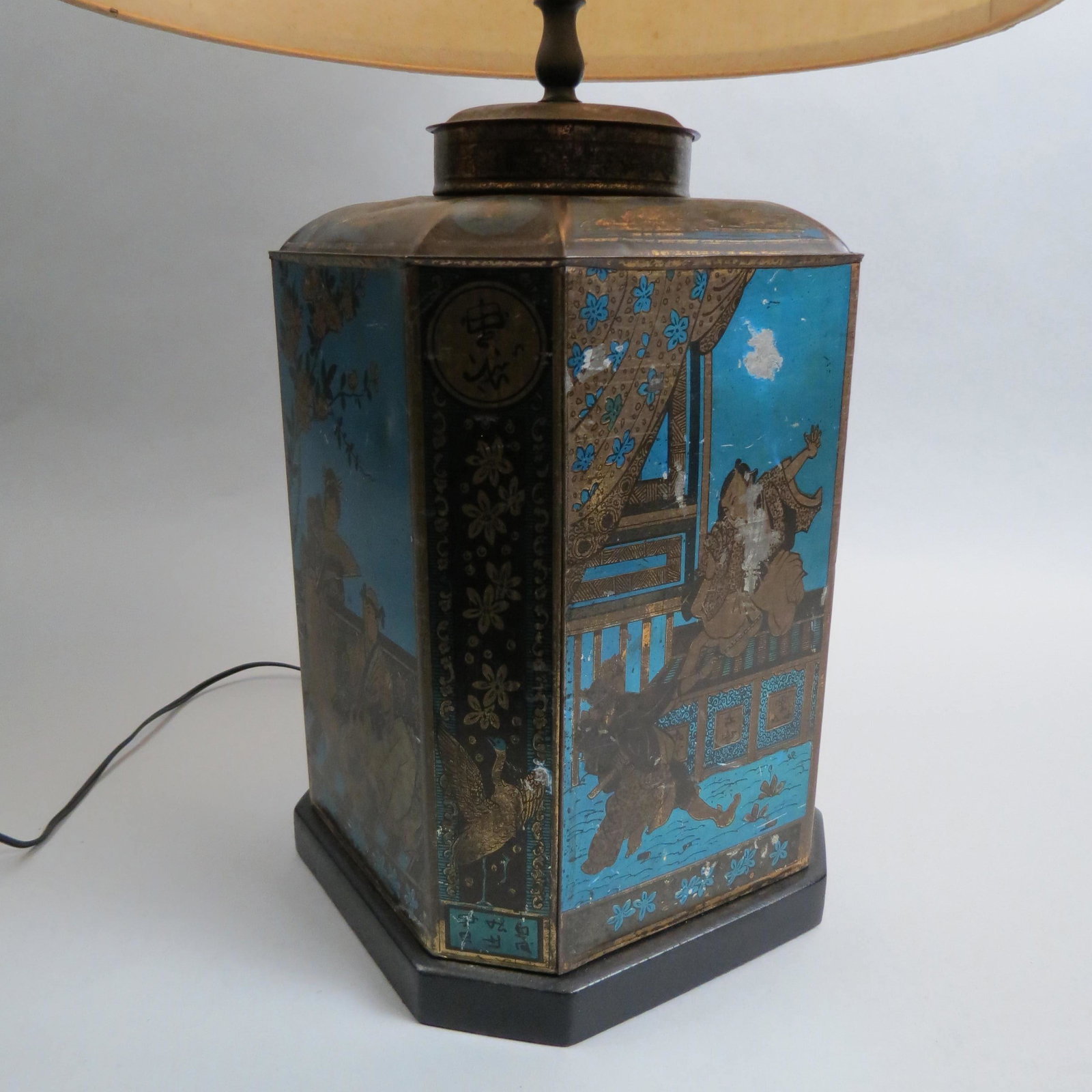 Early Japanese Tin Tea Cannister Lamp,: 15" tall cannister, various scenes.