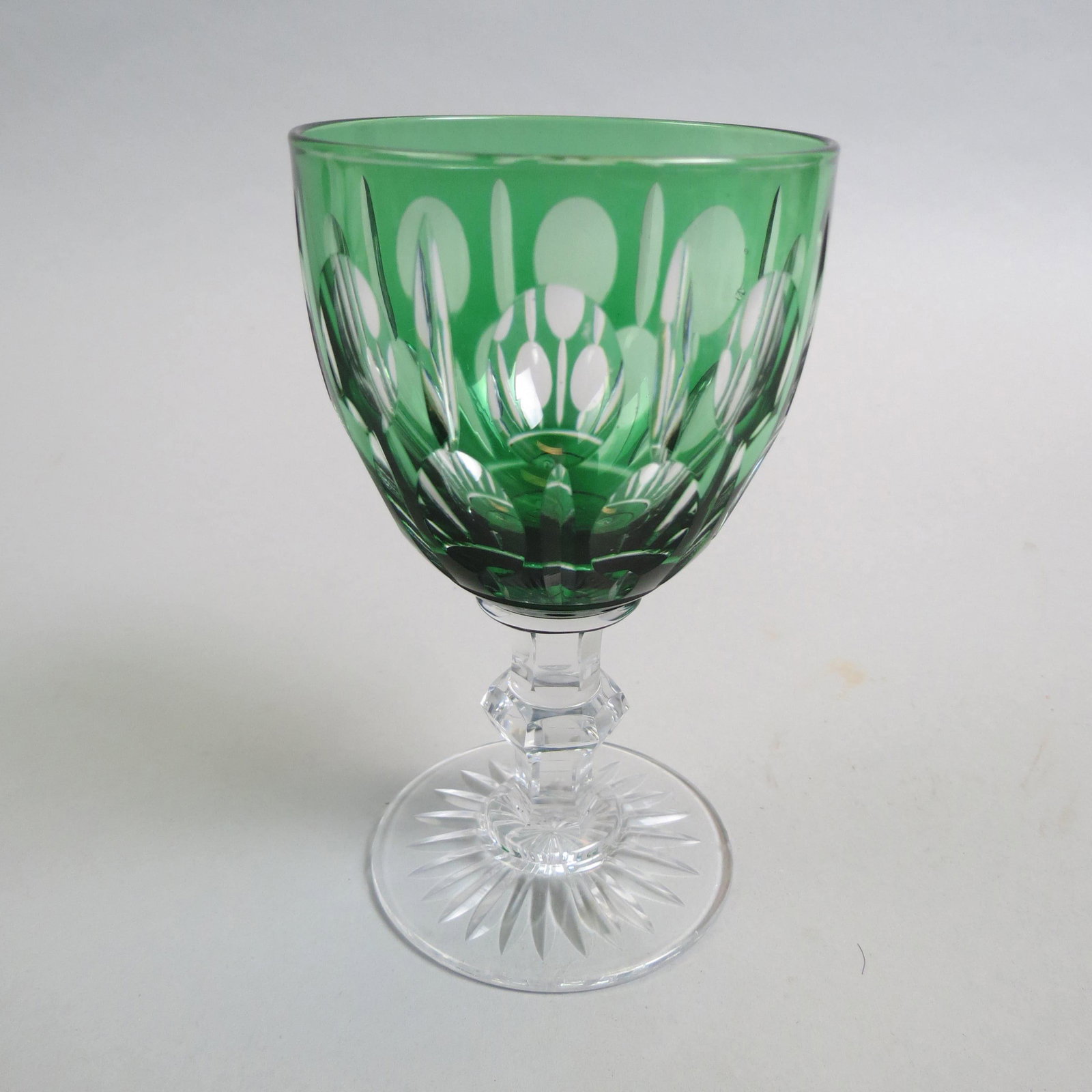 10 Green Cut-to-Clear Glass Goblets,: thumbprint and ray cut bowls on clear pedestal bases with knob design, 5 3/4", excellent.