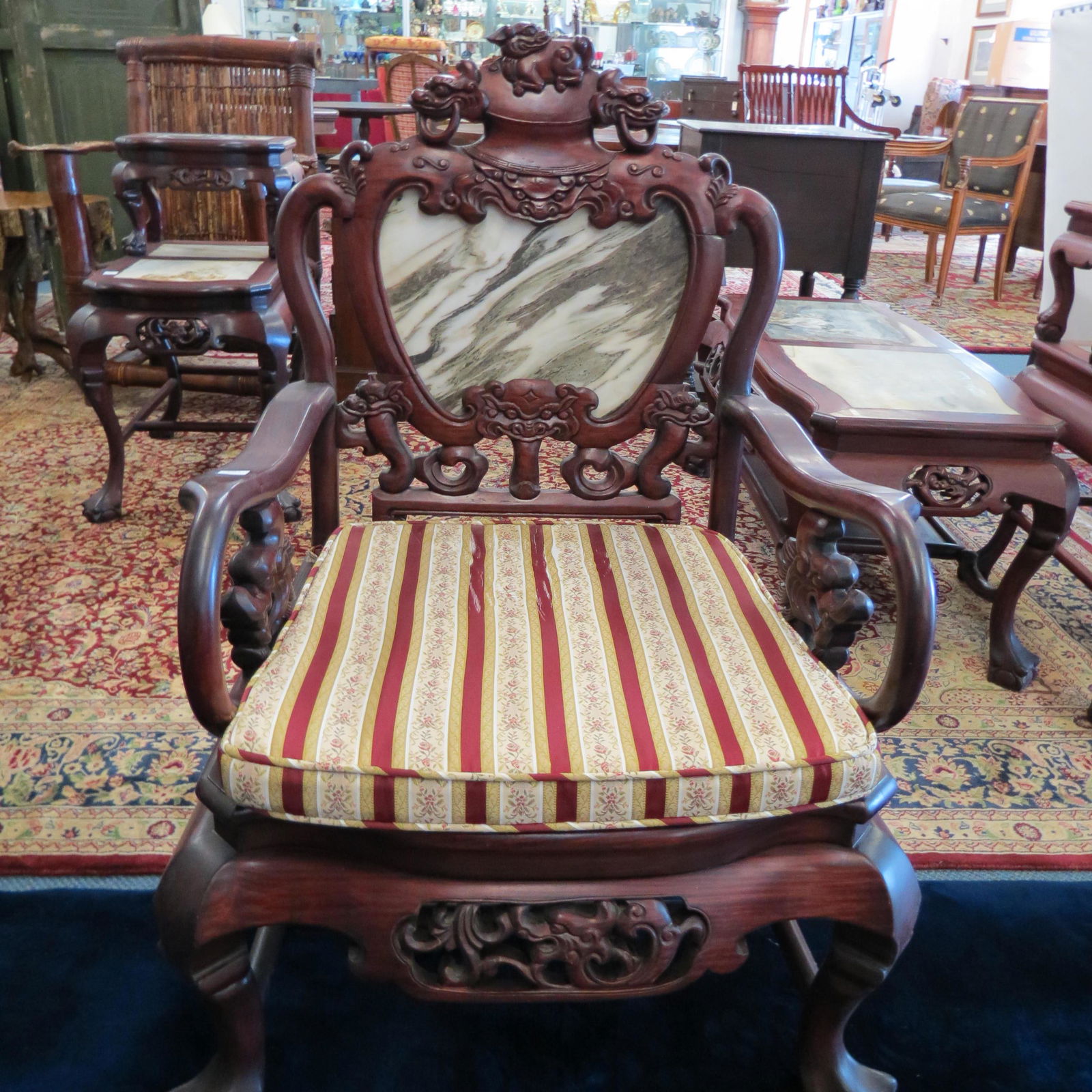 Chinese Carved Wood & Dali Marble Arm Chair,: Qing Dynasty, foo dog and dragon designs, ball and claw feet, 38" X 25".