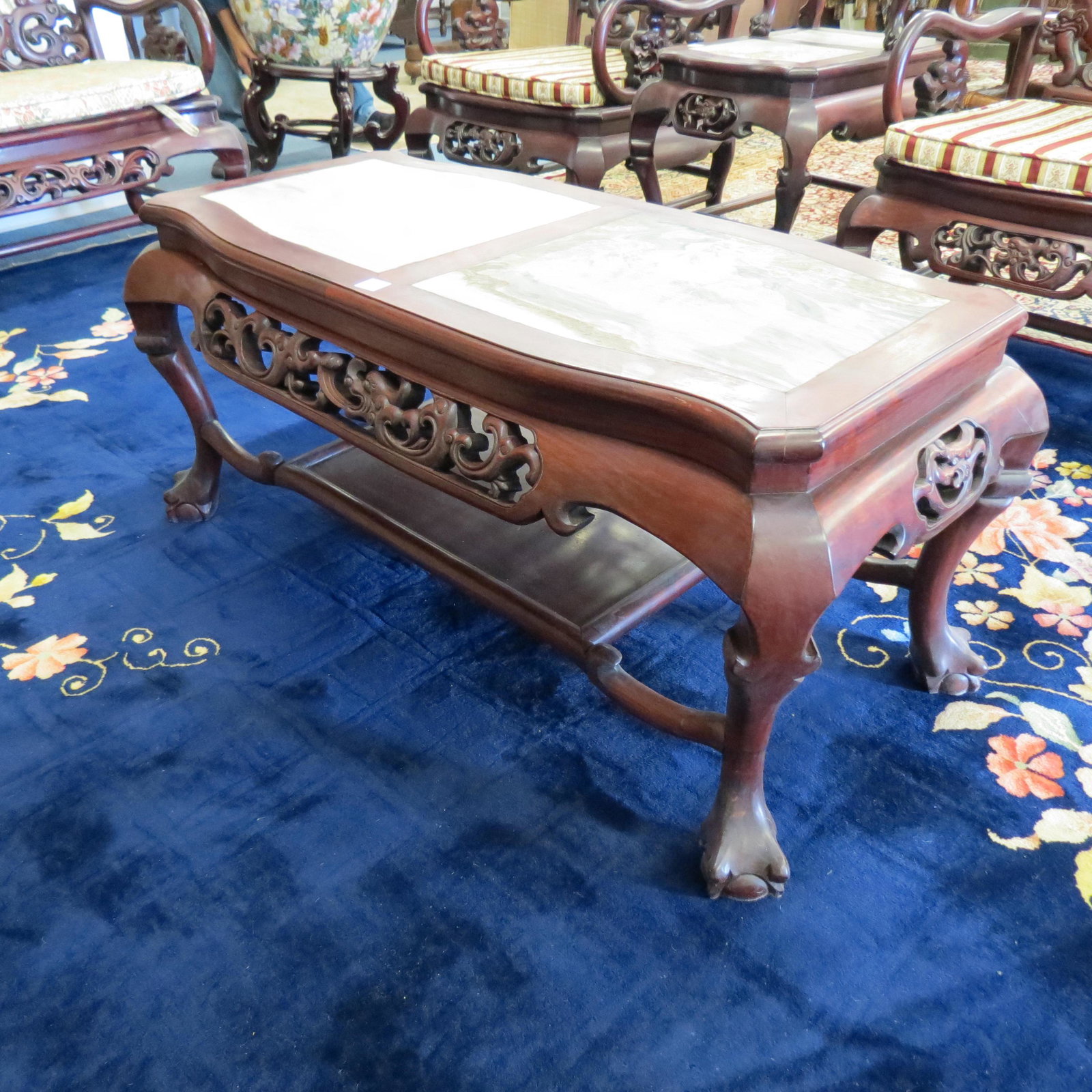 Chinese Carved Wood Coffee Table with Dali Marble,: Qing Dynasty, carved openwoork with foo dogs and dragons, ball and claw feet, 41" X 18" X 20".