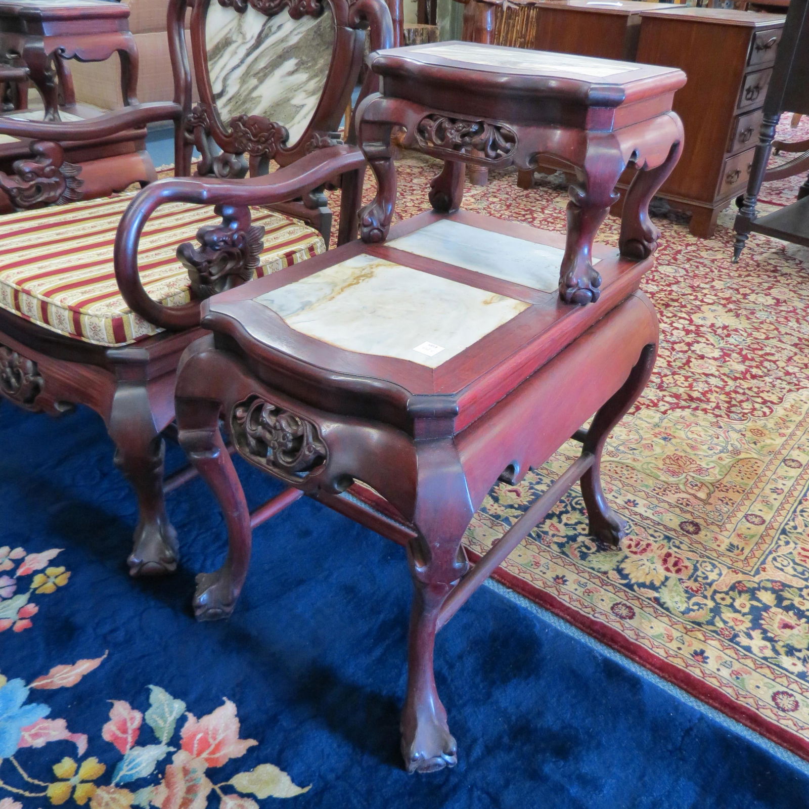 Chinese Carved Wood & Dali Marble Side Table,: Qing Dynasty, carved openwork with draogons, ball and claw feet, 30" tall, 24" deep, 18" wide.