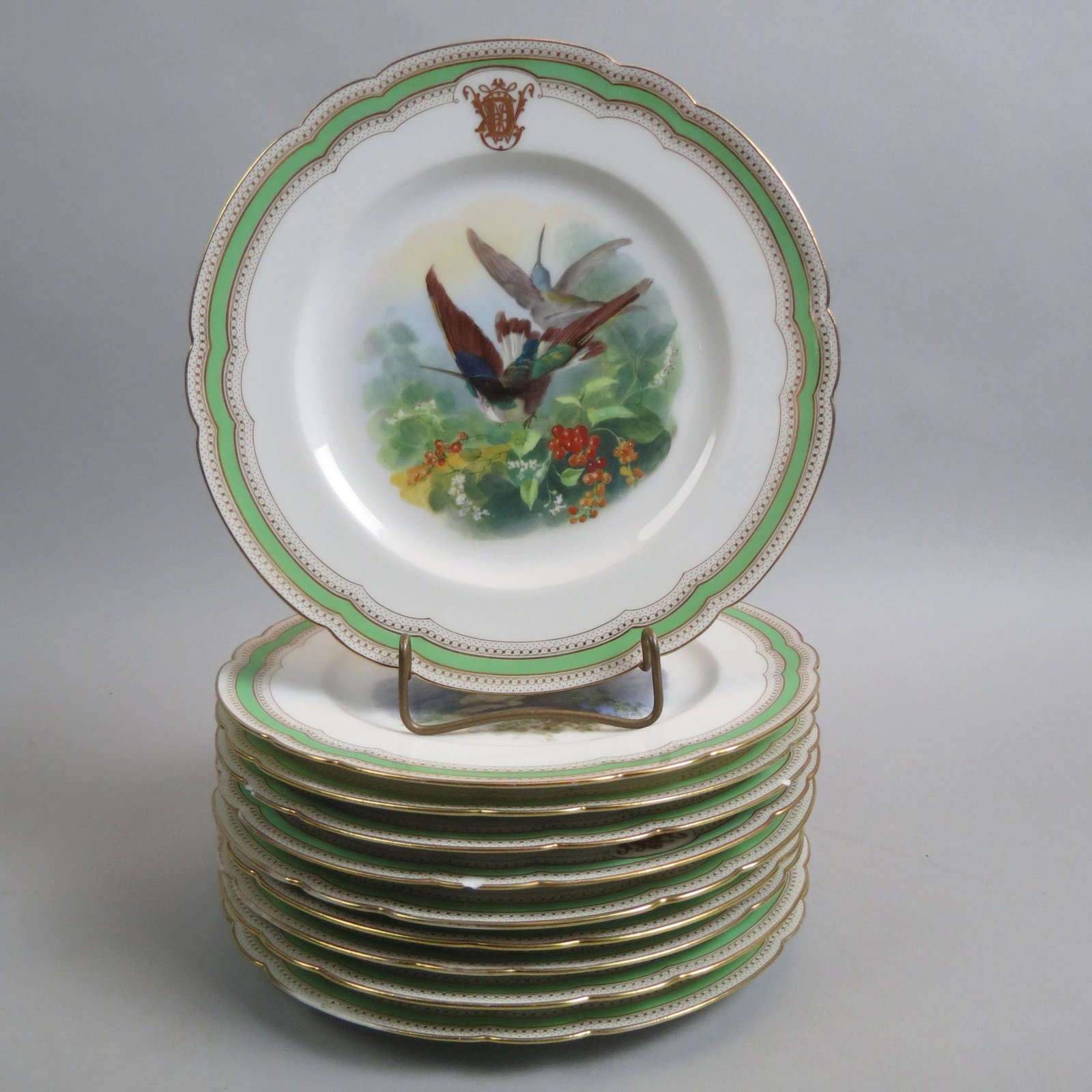 10 Handpainted French Porcelain Bird Plates,: 1890's by Lahoche & Pannier, Crystal Palace Royal, green and gold trim, elaborate monogram, 9 1/2", excellent.