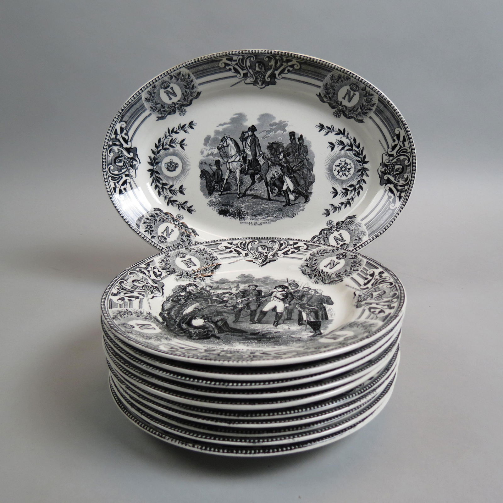 11 pc. French Boch Freres Pottery Napoleonic Set,: platter with 10 - 8" plates and a 9" x 12 1/2" oval platter, black transfer ware, excellent.