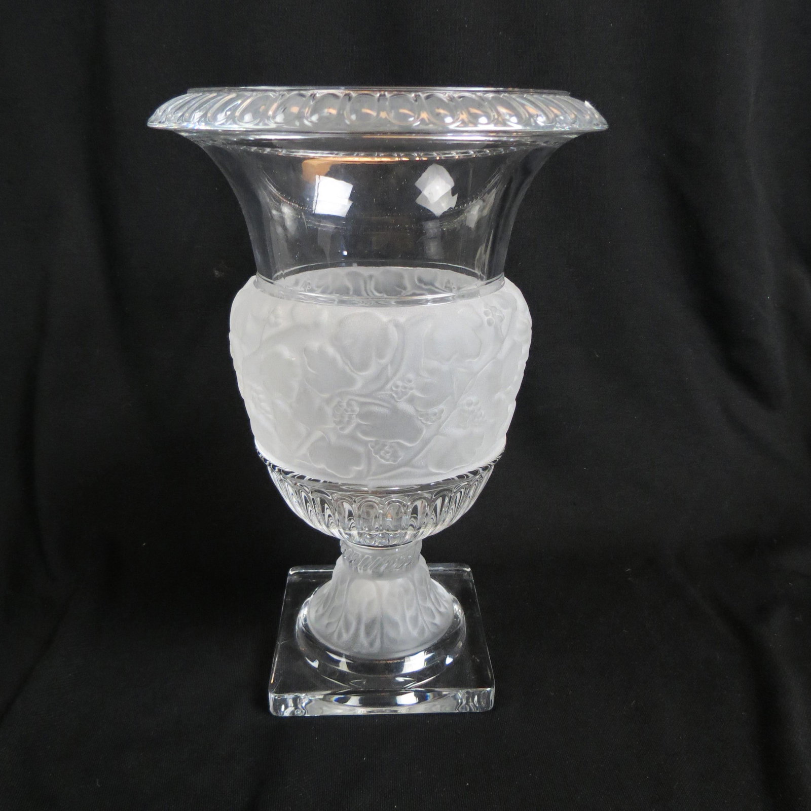 Fine Crystal Vase,: frosted grap and vine, wine cooler shape, pedestal base, 12" tall, in manner of Lalique, excellent.