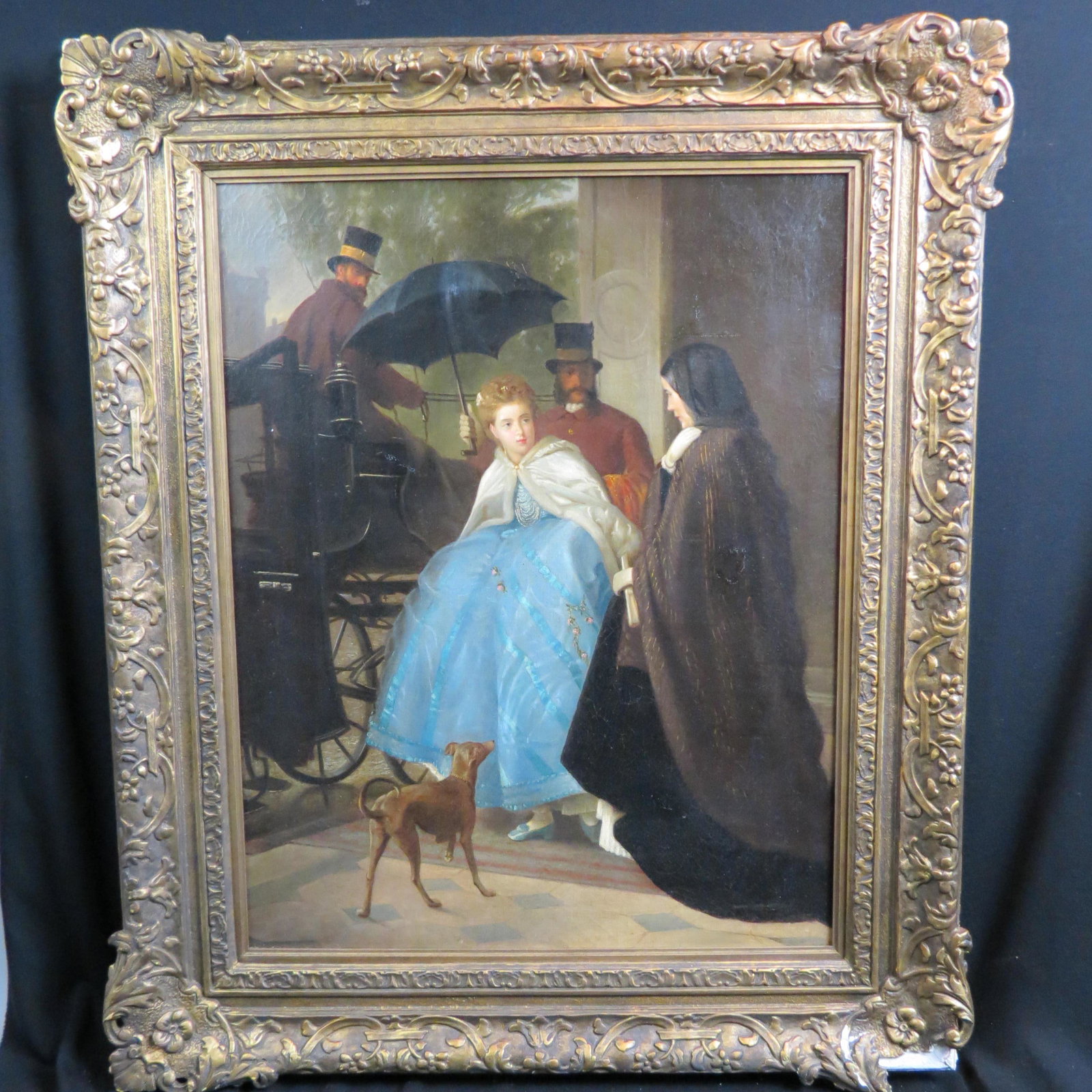 19th Century Oil, "Going to the Ball": young girl in blue ball gown preparing to enter a carriage, mother seeing her off, dog by her side, on canvas, image area 28" X 22" plus gold frame, unsigned though frame marked "Oliver Hall" an Engli
