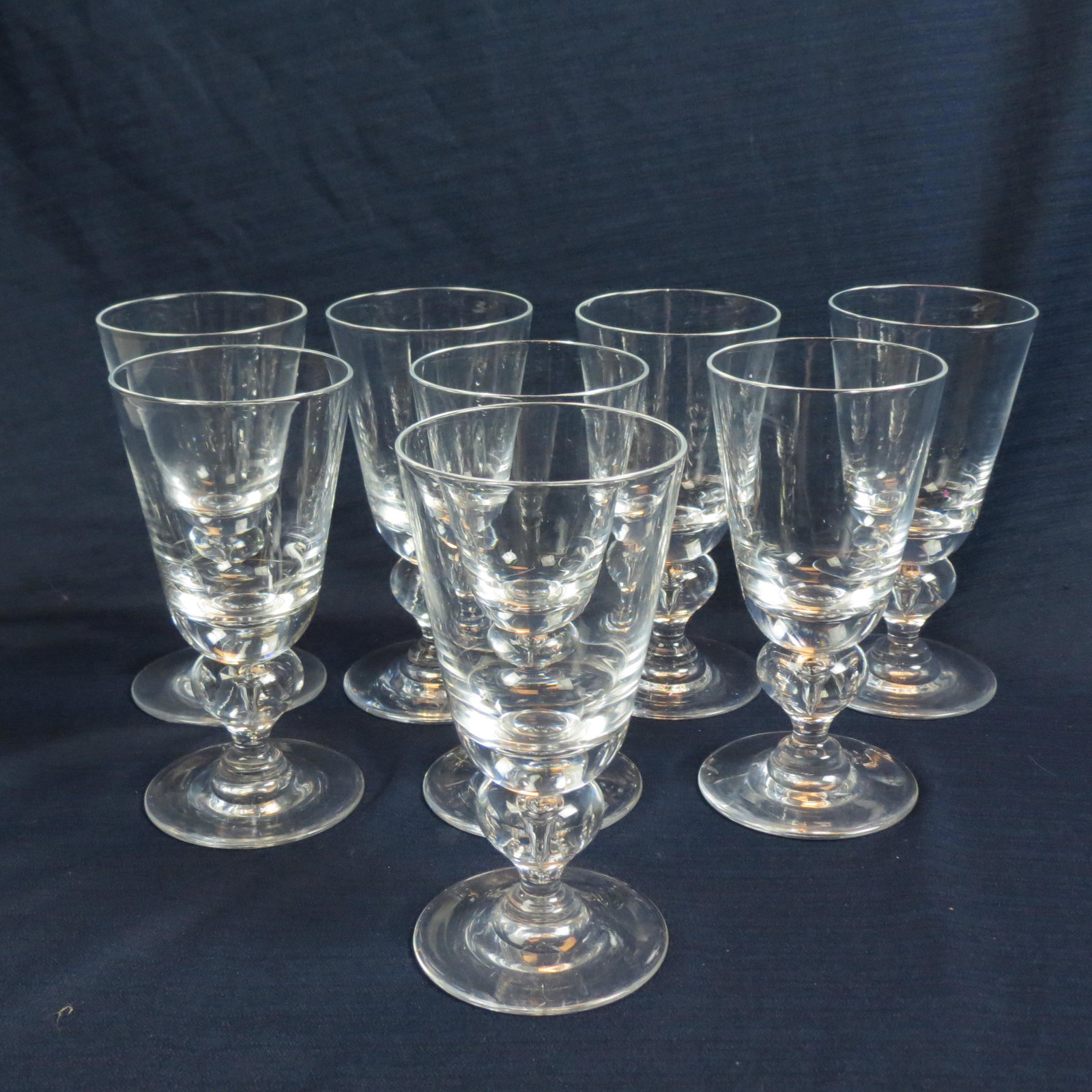 8 Steuben Crystal Goblets with Teardrop Bases,: #7877, 6 3/4", signed, excellent......Steuben was founded in 1903 by renowned English glass master Frederick Carder, who named it for the New York State county where the town of Corning is located. In