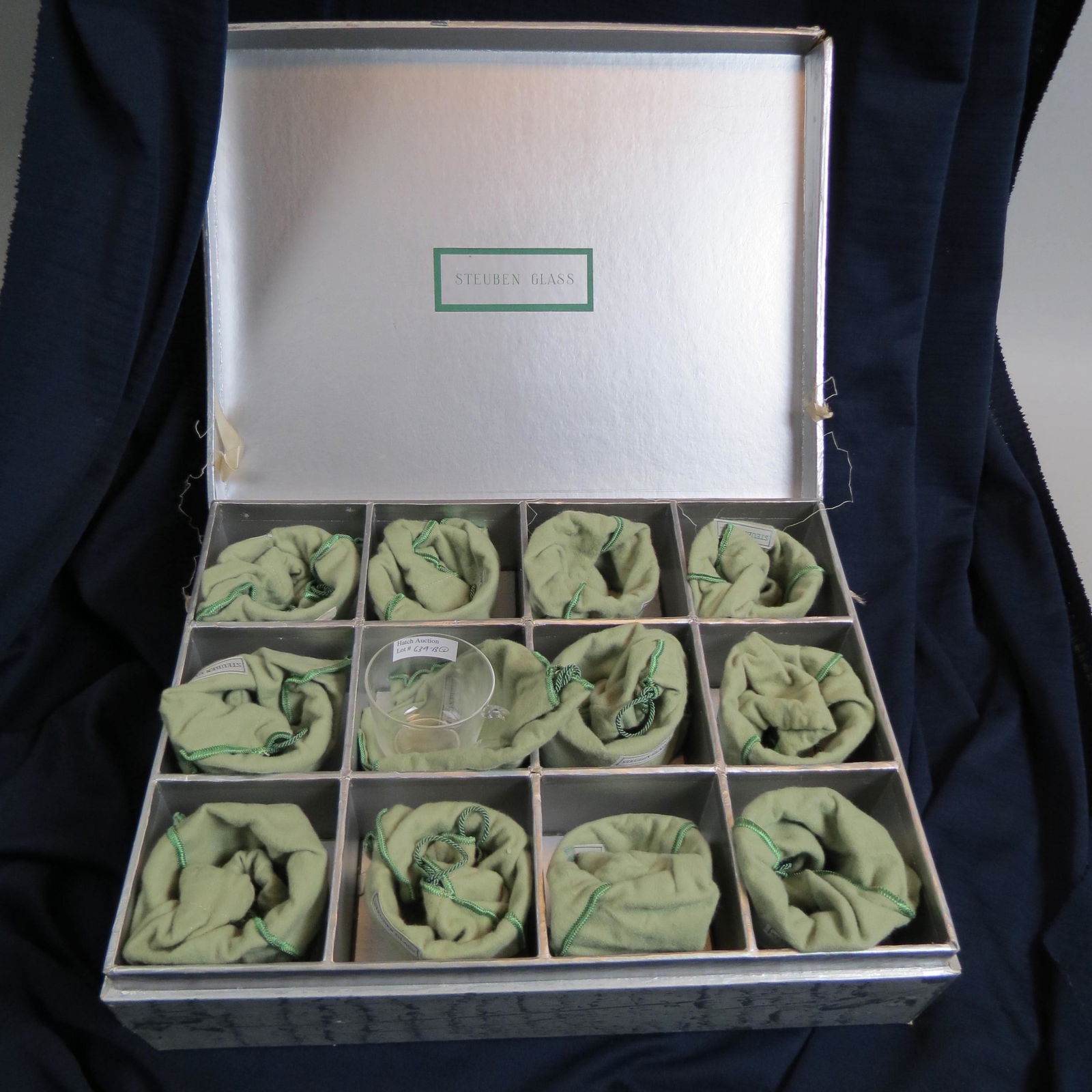 12 Steuben Crystal Punch Cups,: with original felt bags and original box, 2 1/4" tall, excellent.