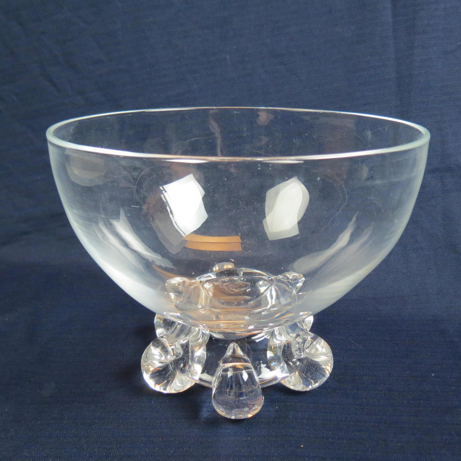Steuben Crystal Egg Nog Bowl or Deep Fruit Bowl,: six nautilus style feet, 7" tall, 9" diameter, signed, excellent.