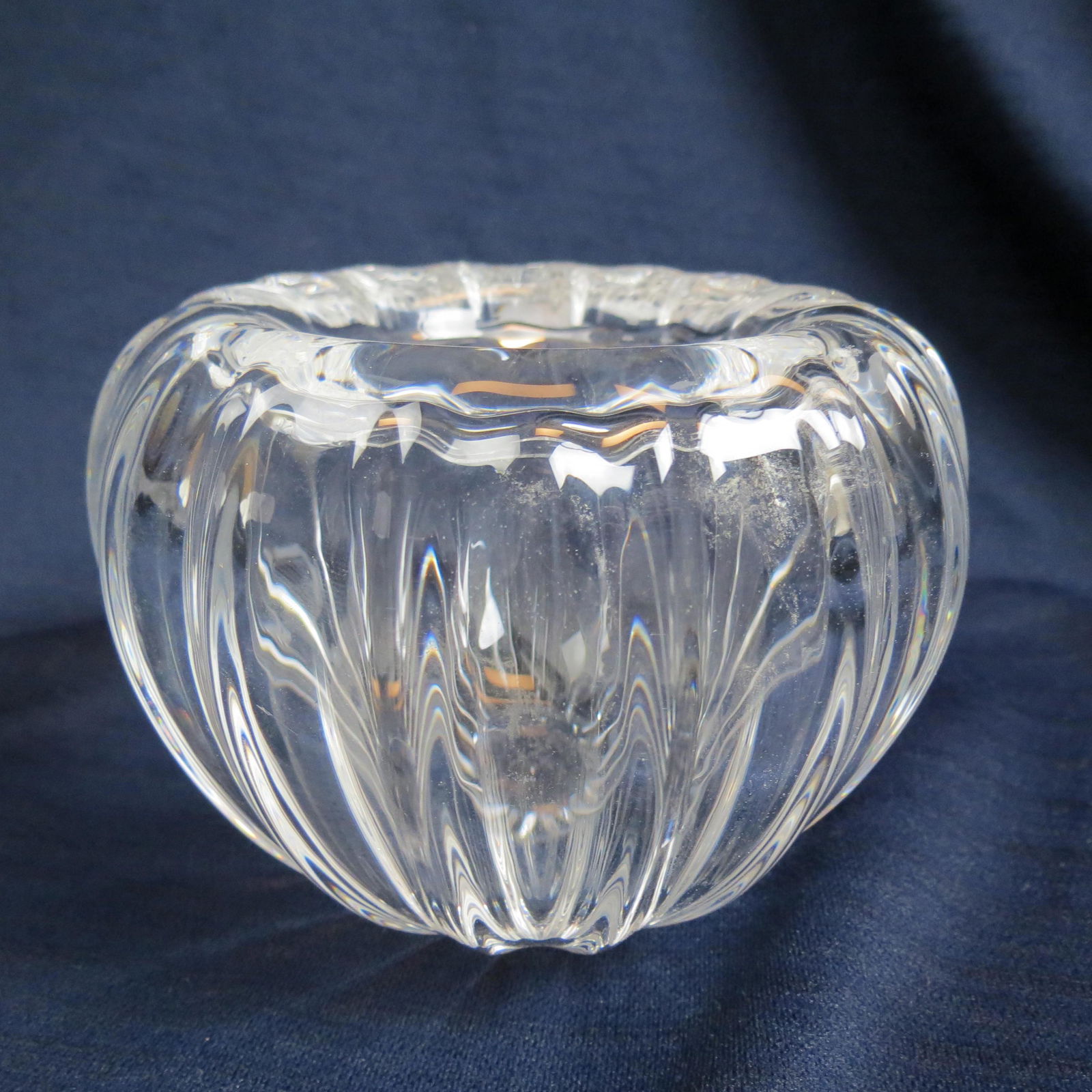Steuben Crystal Rose Bowl,: ribbed body, 3 3/4" tall, 4 1/2" dameter, signed, excellent.