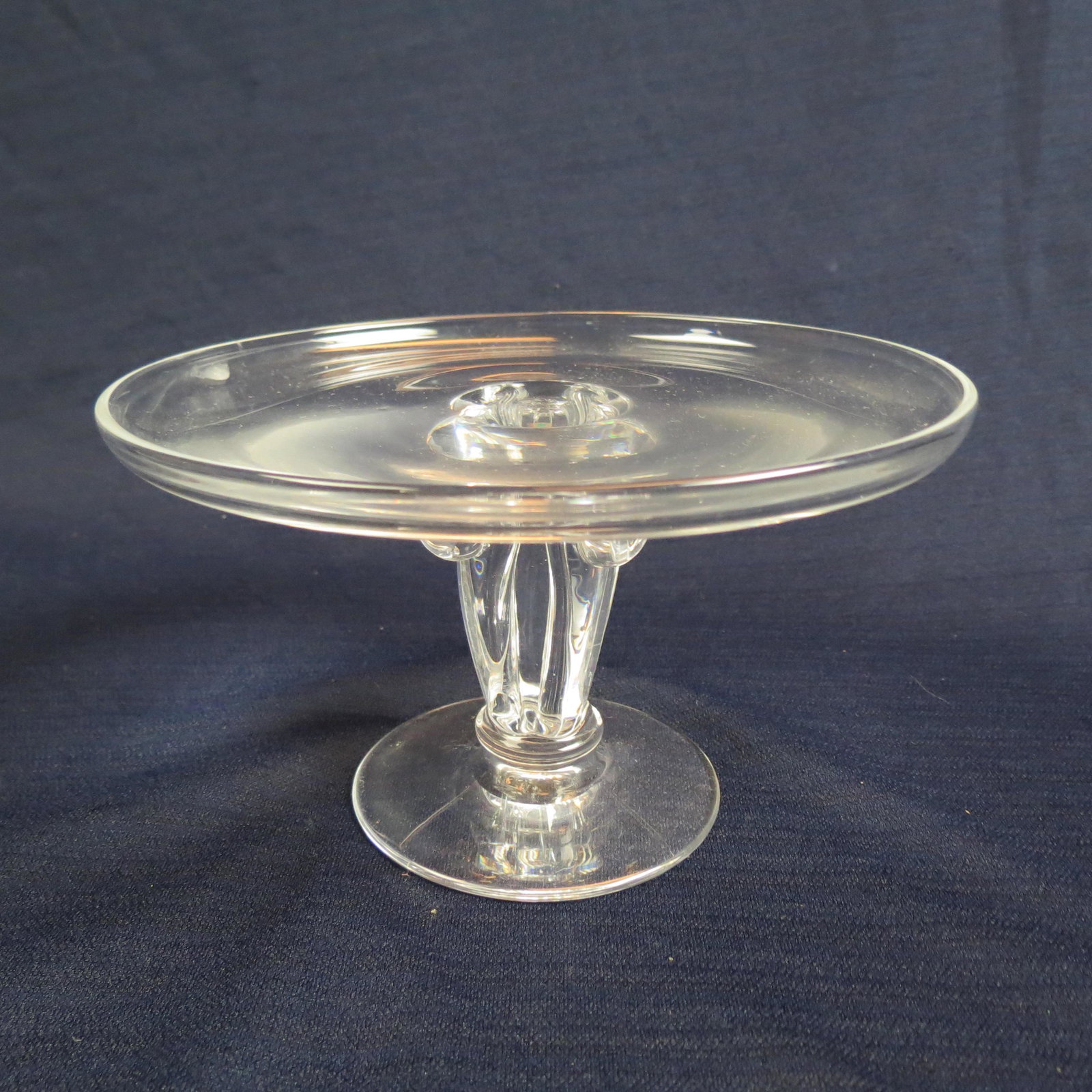 Steuben Crystal Compote or Stand,: scroll design, 6 1/2" diameter, 4" tall, signed, excellent.
