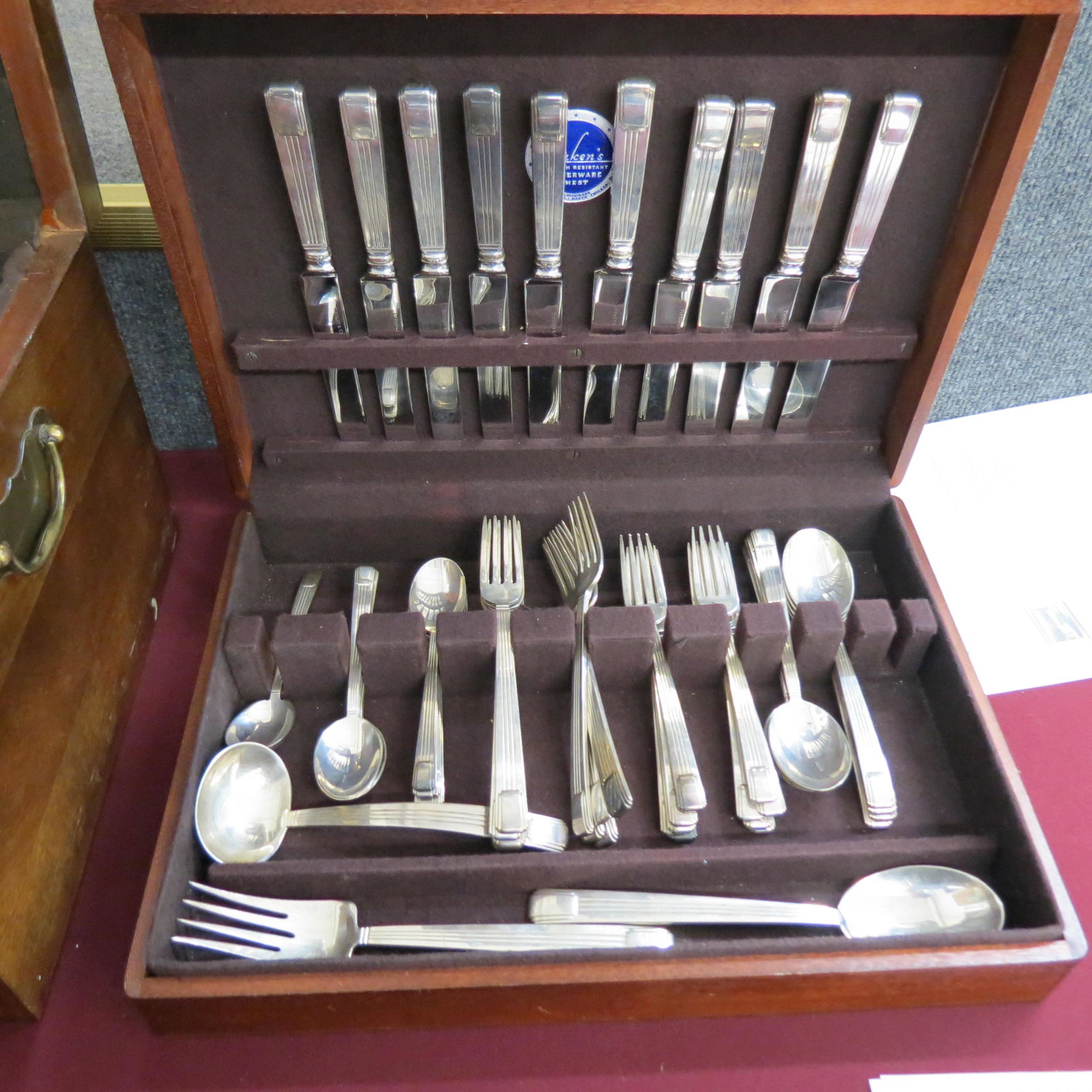 51 pcs. Tiffany "Century" Sterling Flatware,: includes 10 place knives, 9 place forks, 10 luncheon forks, 10 teaspoons, 8 soup spoons a meat fork, gray ladle, tablespoon and sugar or jam spoon, 2441 grams plus the 10 sterling handled knives, no m
