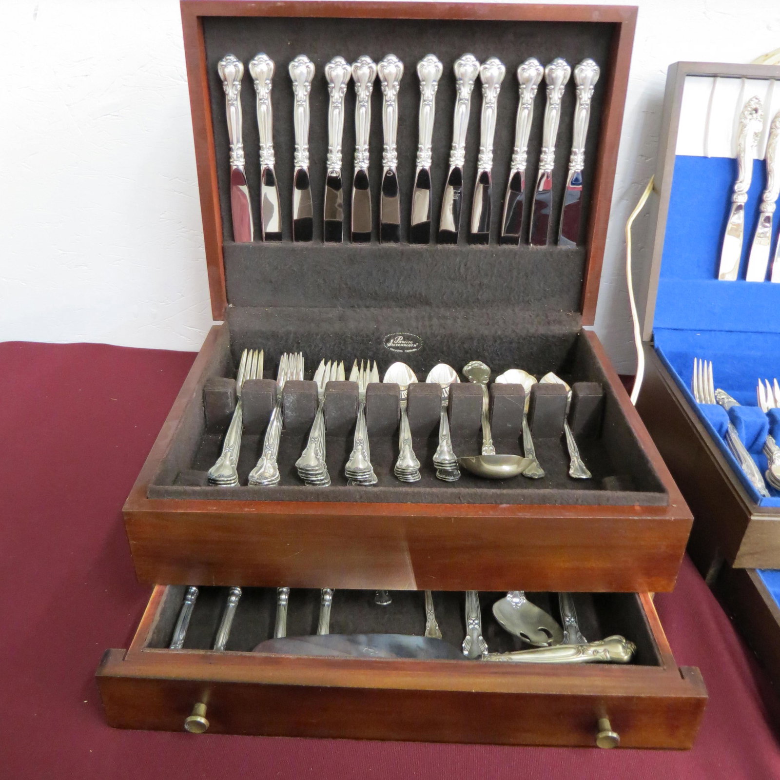 65 pc. Gorham " Chantilly" Sterling Flatware Set,: service for 12, includes 12 place knives, 12 place forks, 12 salad forks, 12 teaspoons, 8 individual butter knives, meat fork, tablespoon, slotted tablespoon, pie/cake server, gravy ladle, jelly spoon