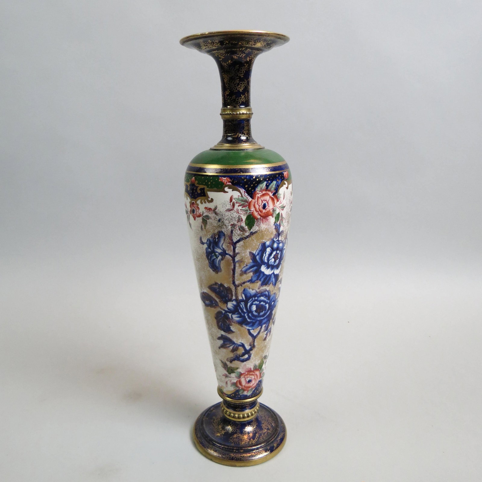 English Ironstone Vase by Thomas Forrester,: floral decor, blue and gold trim, 14 1/2" tall.