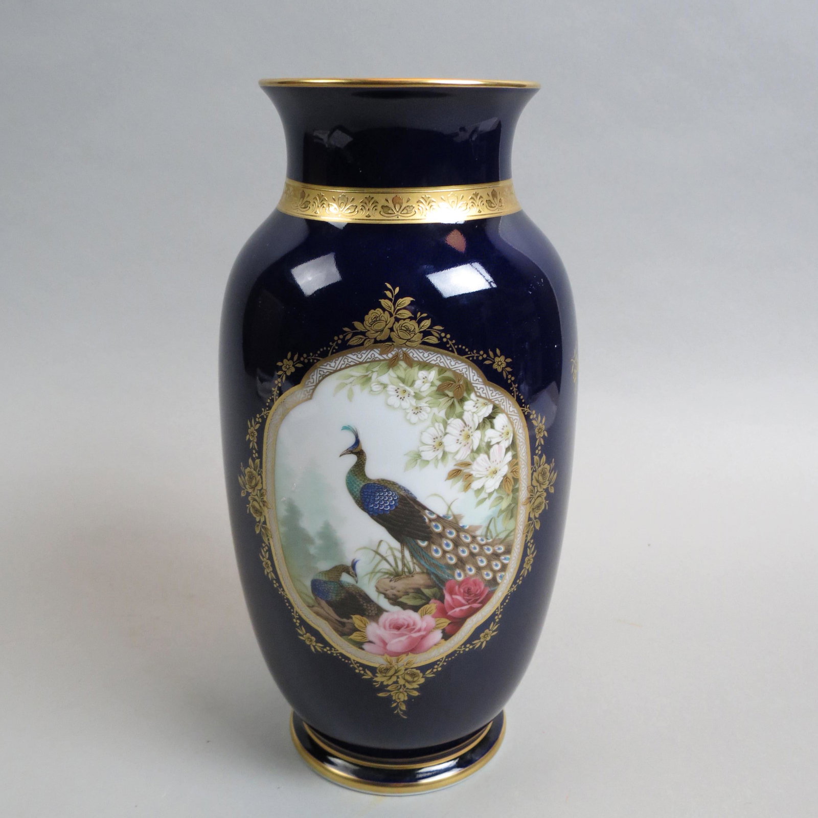 Noritake Porcelain Vase with Peacocks,: medallion scenes, cobalt and gold trim, 11 1/2", excellent.