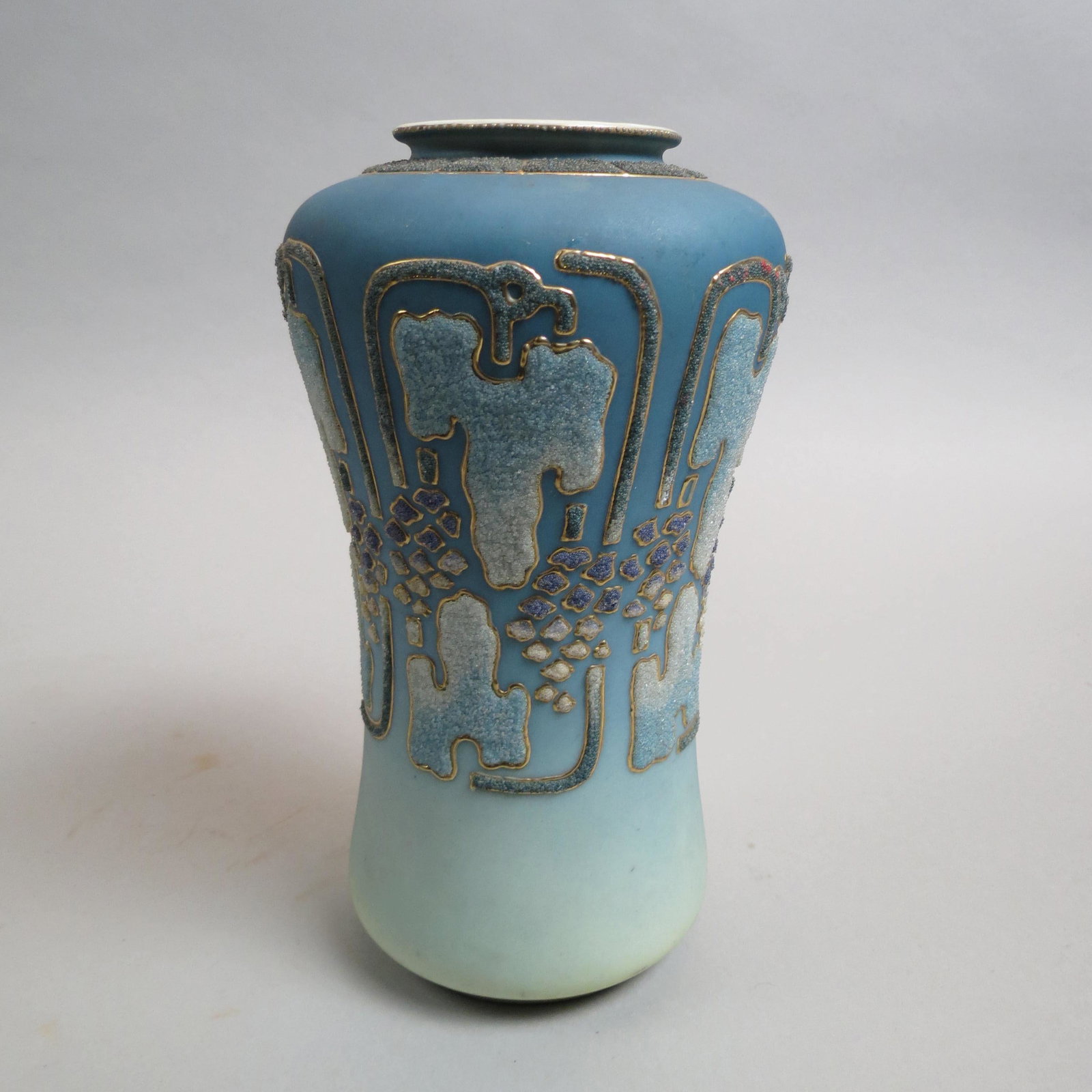 Nippon Japanese Coralene & Porcelain Vase,: styled grape and vine on satin, Kinran mark of 1909, 9", excellent.