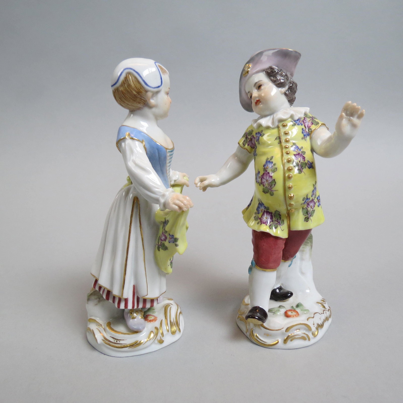 Pair of Meissen Porcelain Figurines of Boy & Girl,: yellow outfits with flowers, #733-B and 729-B, 4 1/2", excellent.