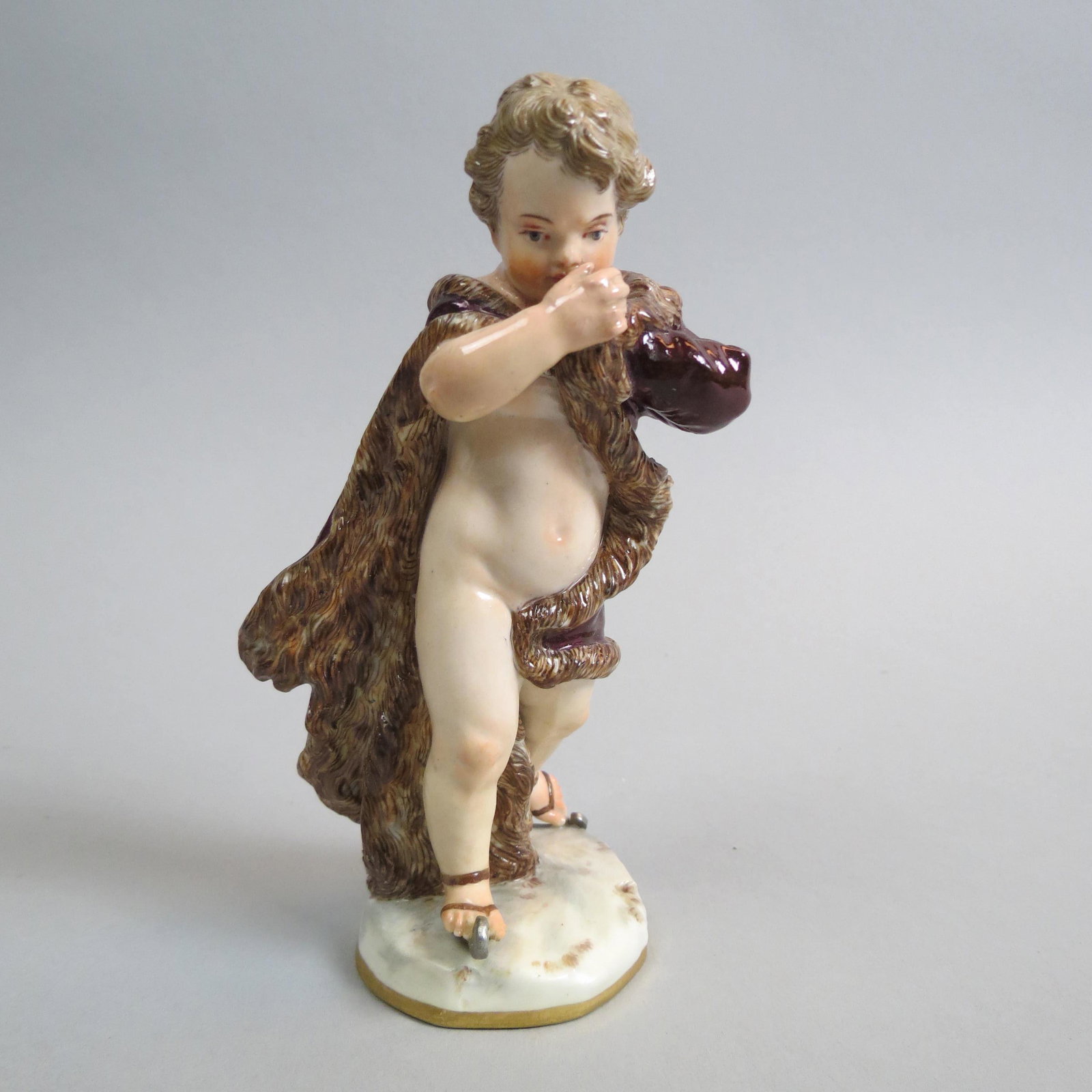 Meissen Porcelain Figurine of Boy Skating,: robed, 5", A-71, crossed swords mark, excellent.