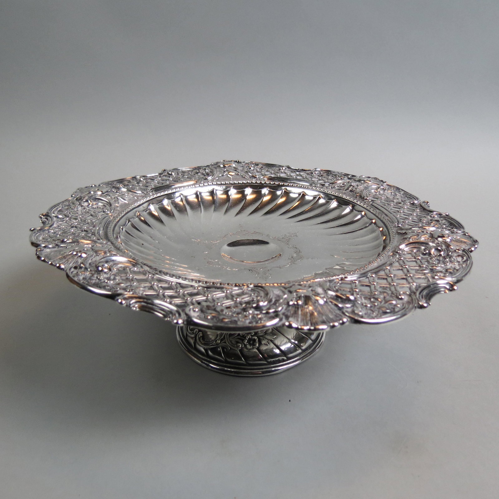 European Silver Centerpiece Compote,: lattice and floral openwork border, pedestal base, 11" diameter, 4" tall, hallmarks, .800 fine silver, 394 grams.
