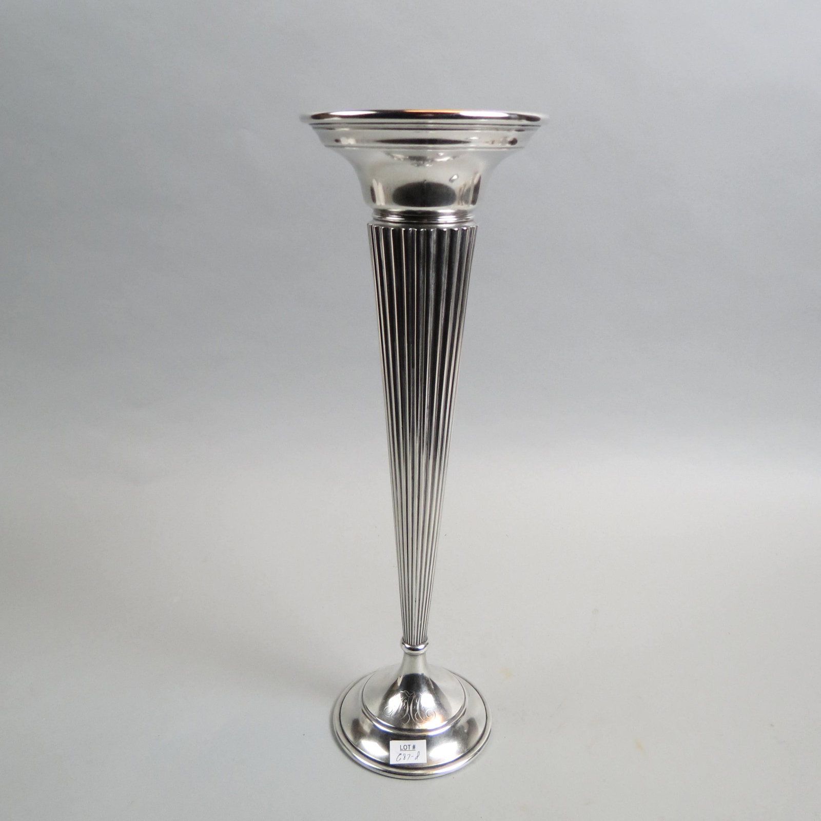 Gorham Sterling Silver Tall Trumpet Vase,: 17" tall, ribbed body, weighted base, fancy monogram, 620 grams total.