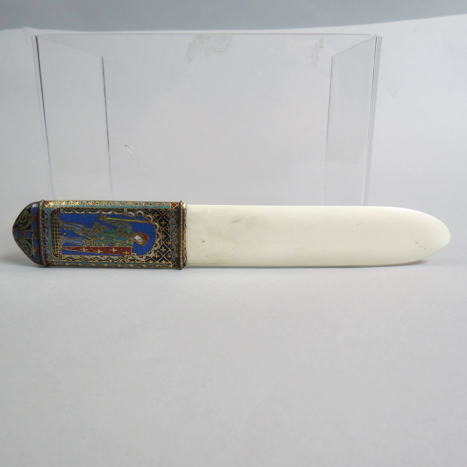 French Inlaid & Enamel Letter Opener with Knight,: gold and copper handle, 10".