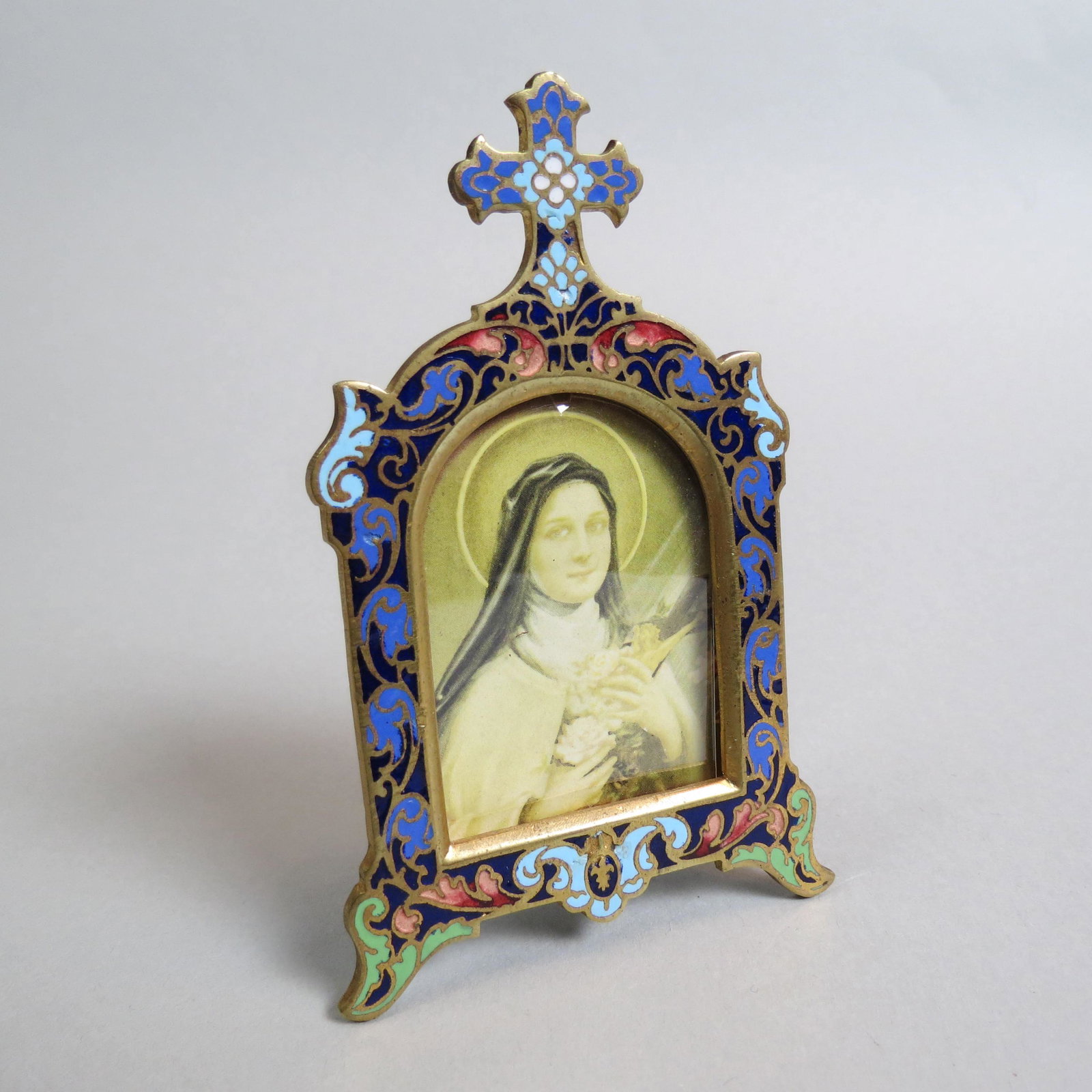 French Champleve Enamel Frame,: image of Saint Teresa, 2 1/2" x 4" overall, excellent.