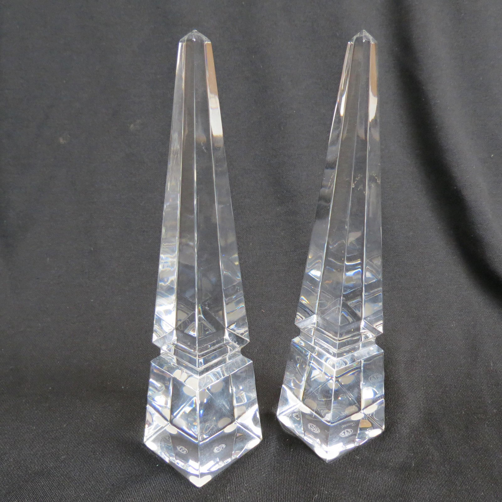 Pair of Baccarat Crystal Obelisks,: tiered, cut design, 10", signed, both excellent,