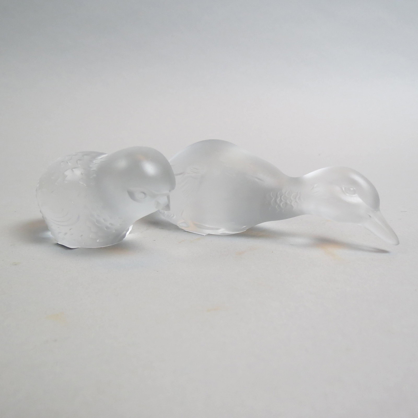 2 Baccarat Crystal Figurines Ducking & Chick,: 3 1/4" and 5 1/4" long, signed, excenlent.