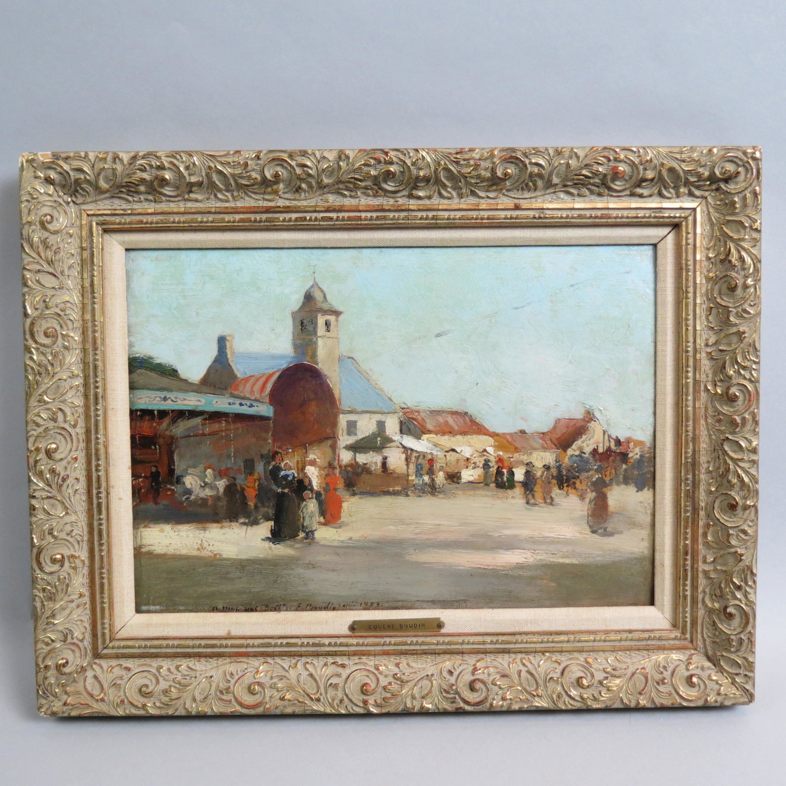 Eugene Boudin, oil, City Fair Scene,: with merry-go-round, signed, titled and dated 1888, on panel, panel size is 13 1/2" X 9 3/4", label on reverse of Messrs. Durand-Ruel, later frame, sold as bearing the signature of. A very well listed