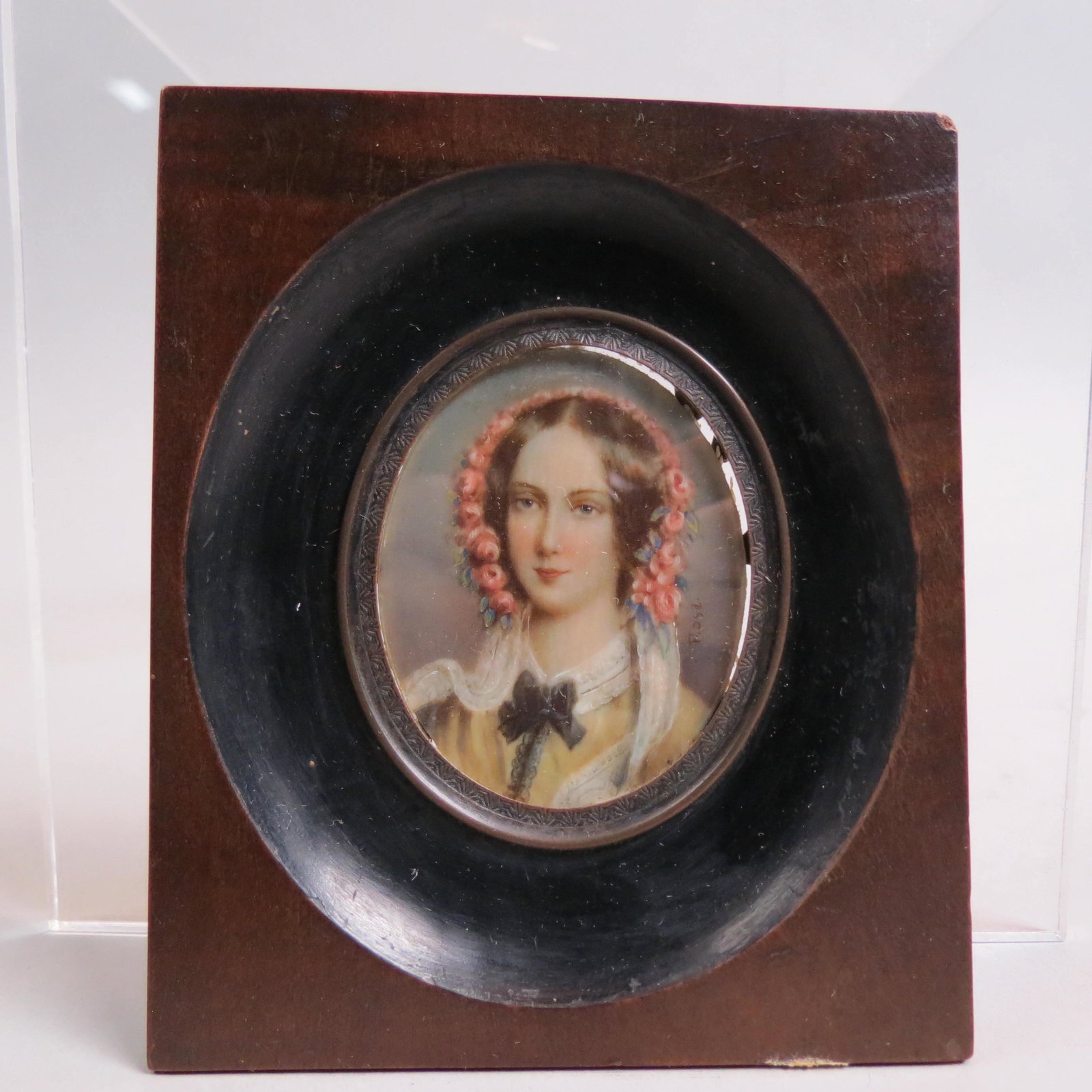 Miniature Painting of a Young Girl by Rosa,: image area 1 1/2" x 2" plus wood frame.