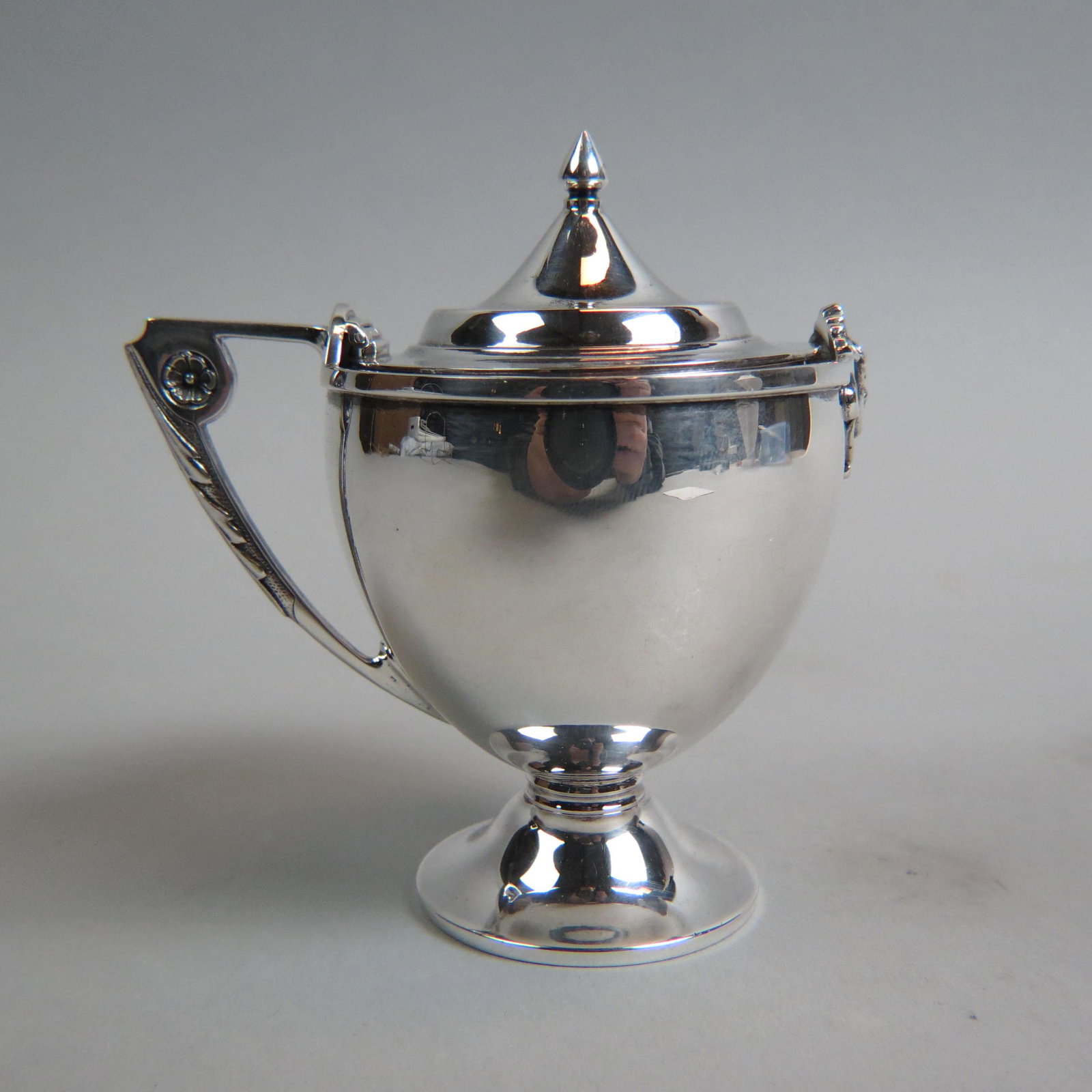 Early Gorham Sterling Mustard Pot,: wih face design, coin transition mark, 4", 140 grams.
