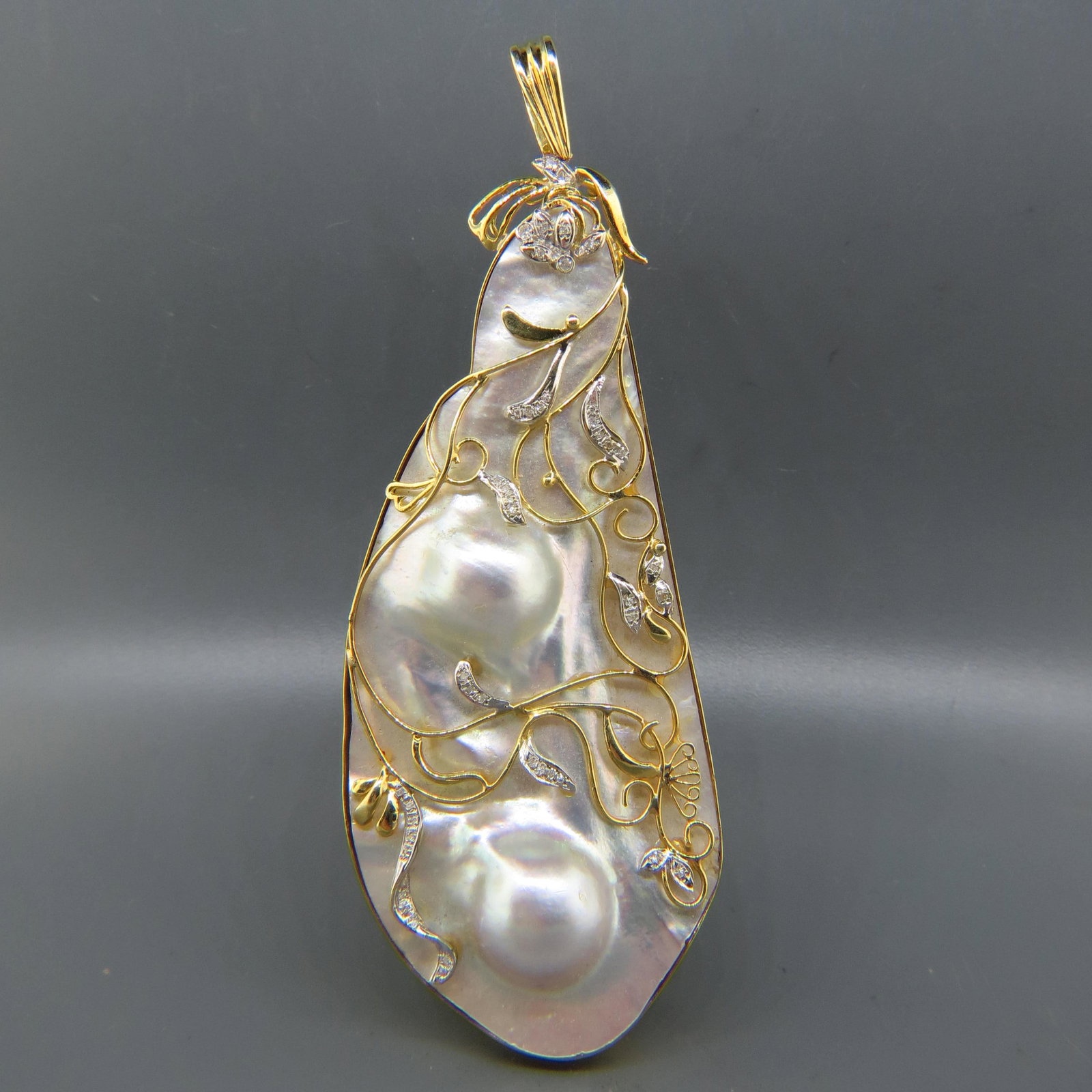 14K Gold, Diamond & Blister Pearl Pendant,: pearls emerging from natural shell, 4" long, 1 3/4" at widest, 44 small round diamonds, 14K yellow gold, 68 grams total.