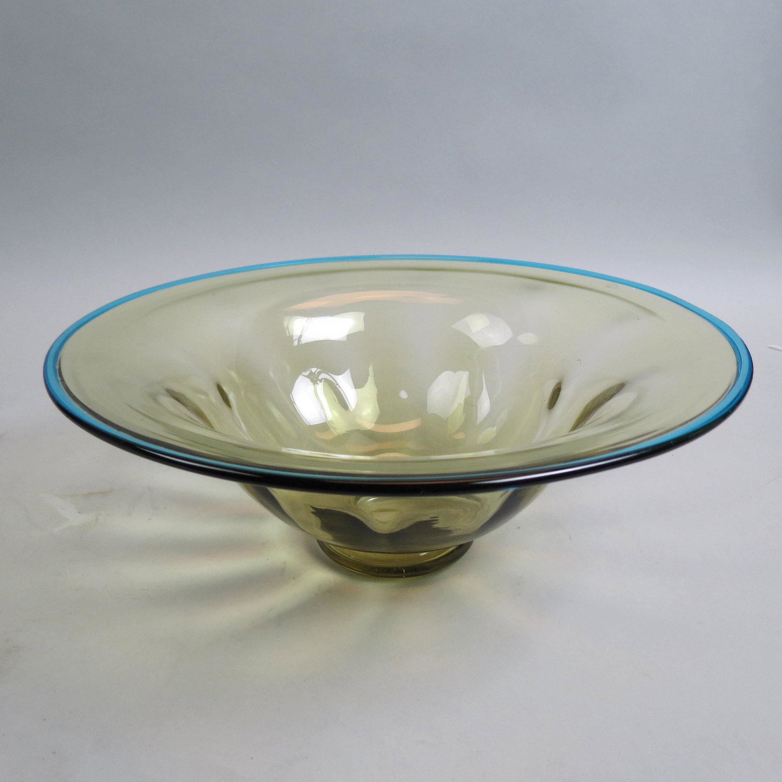 Steuben Colored Art Glass Centerpiece Bowl,: amber body with looping petal design, blue rim, 12 1/2" diameter, unsigned.
