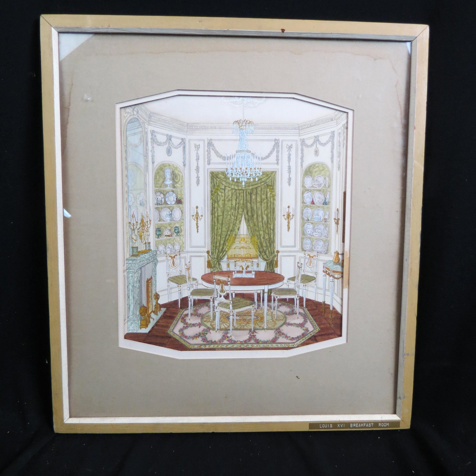 Gary Harvey, watercolor, Louis XVI Breakfast Room: 1967, student at Ringling School of Art, from the Interior Design Department, Sarasota Florida, the artist from Savannah, Ga., great detail, approx. 11" X 13" image area, artist info on back.
