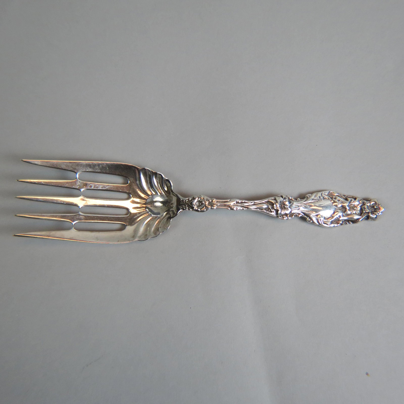 Whiting Sterling "Lily" Buffet Fork,: 9", recast of 1902 pattern, 106 grams, excellent.