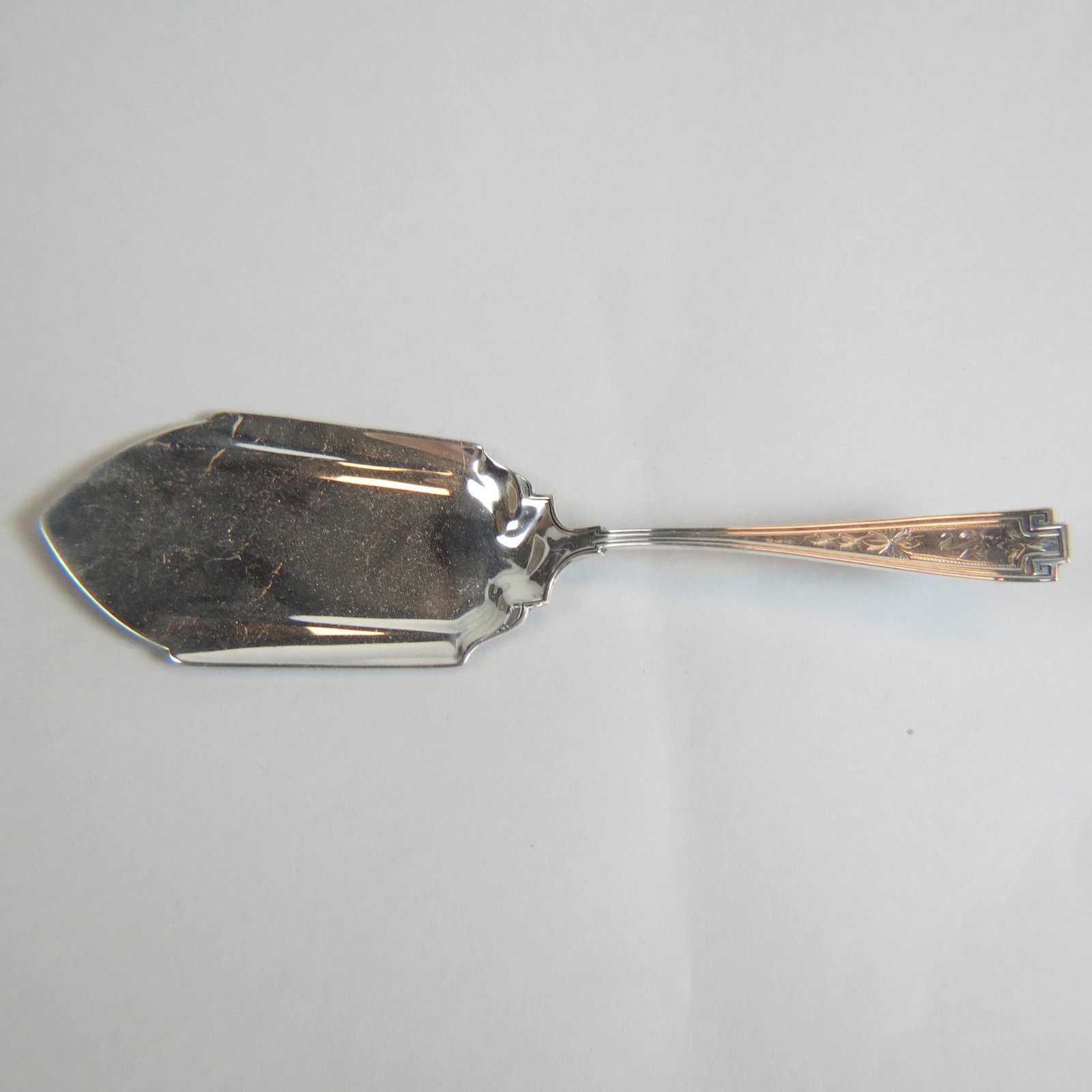 Gorham Sterling "Etruscan, Engraved" Pastry Server: 1913, floral design, fancy monogram, 9 3/8" long, 95 grams.