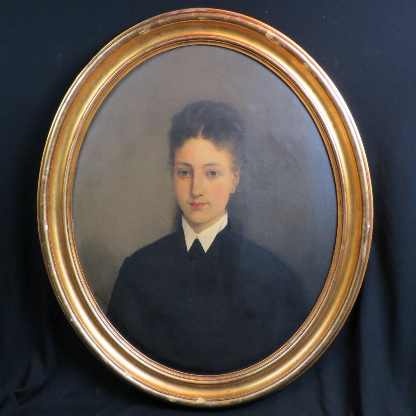 Francois Dumont, oil, of Young Woman,: wearing diamond earrings, oval, on canvas, image area 30" X 24" plus gold frame, signed and dated 1869, well listed artist.