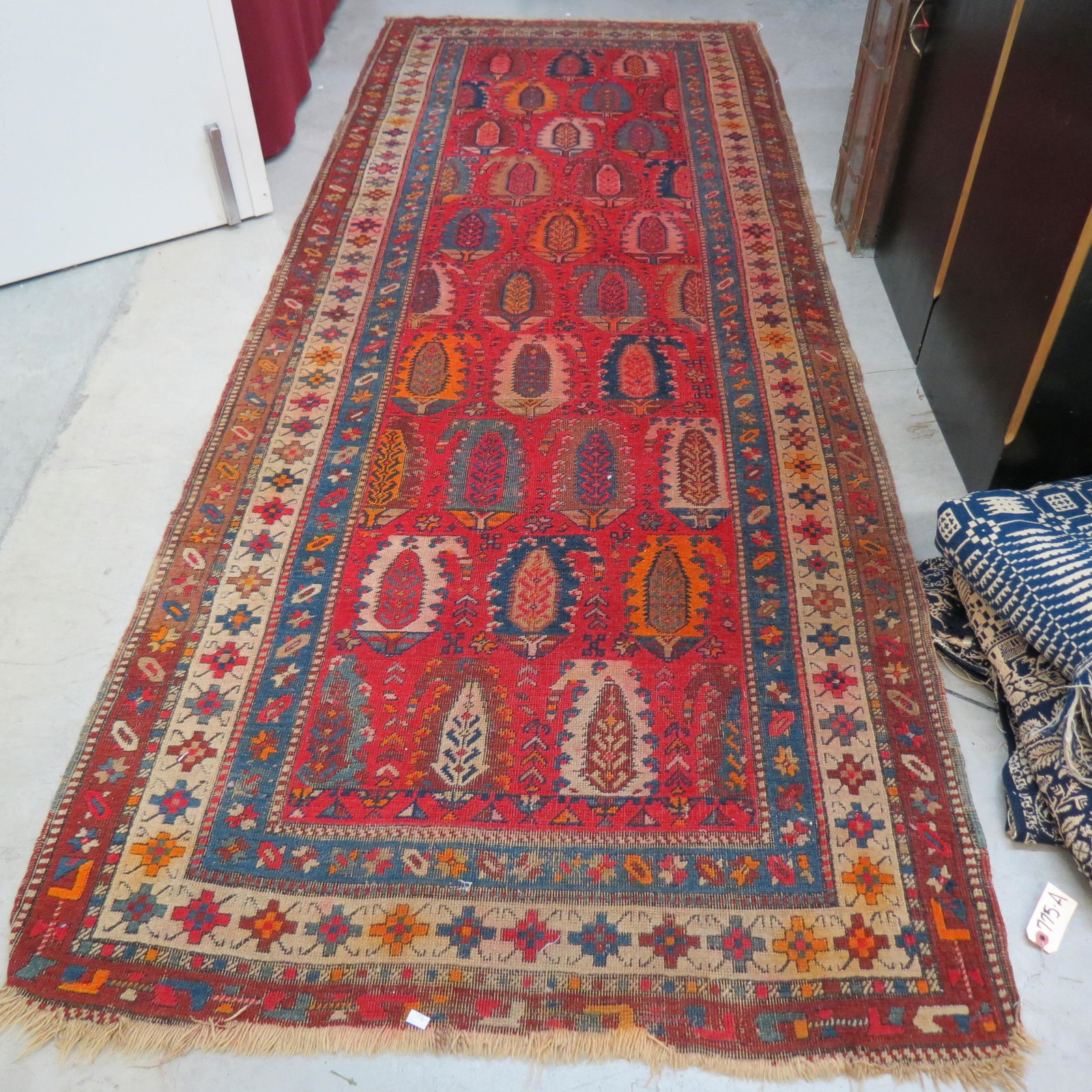 Antique Caucasian Persian Handmade Runner,: fancy designs, red field, multi-border, 3'7" X 9'2".