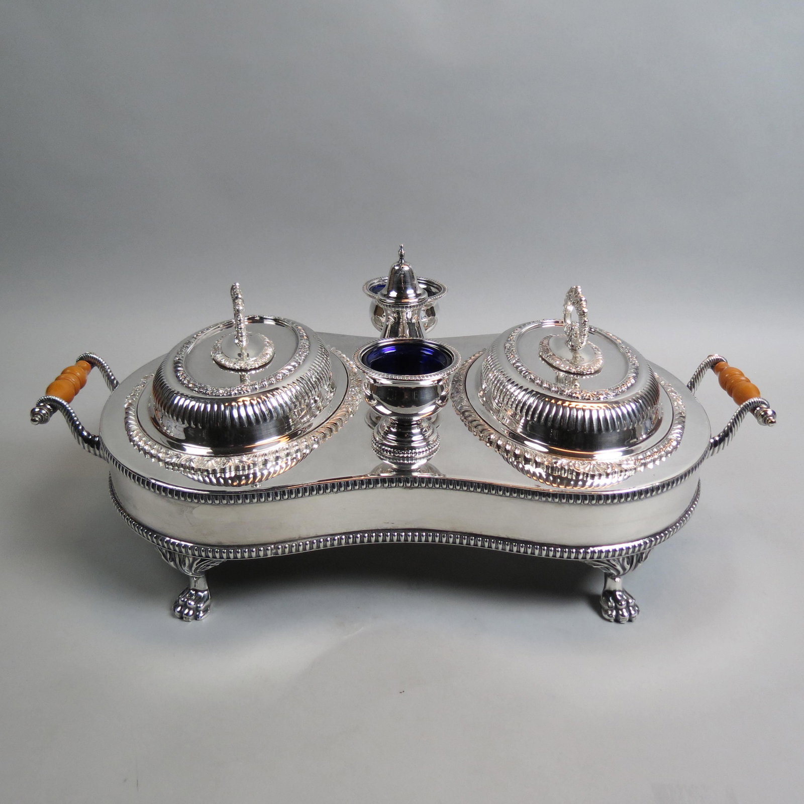 Fine Silverplate Serving Station with Hot Water: Compartment, double oval covered dishes with pepper mill, open salt or sauces stations, lion paw feet, gadroon and beaded trim, overall 15" x 20" plus handles, excellent.