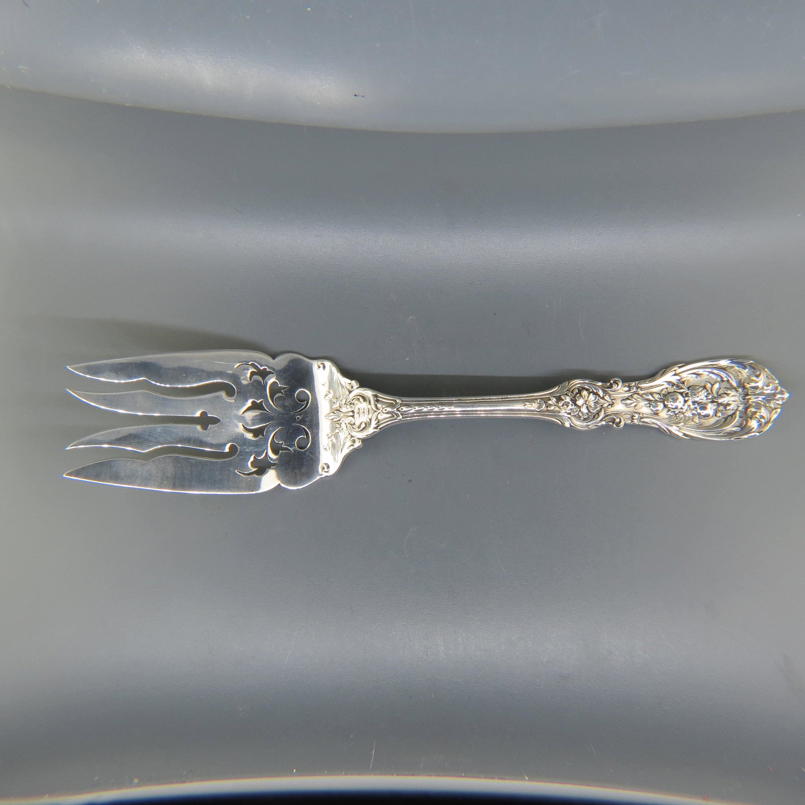 Reed & Barton Sterling "Francis I" Buffet Fork,: fancy openwork and tines, 9", 107 grams, monogram "S", excellent.