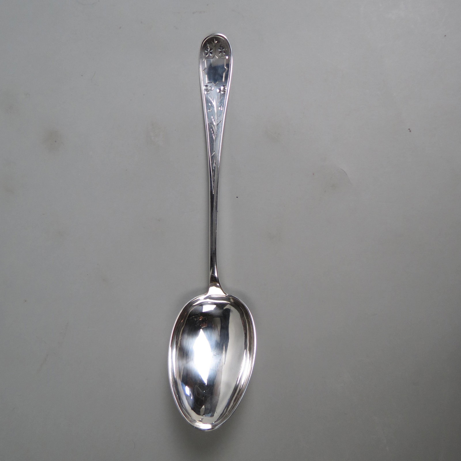 Scandinavian Silver Stuffing or Platter Spoon,: engraved design large oval bowl, 14 1/8" long, .830 pure silver, 157 grams, no monogram, excellent.