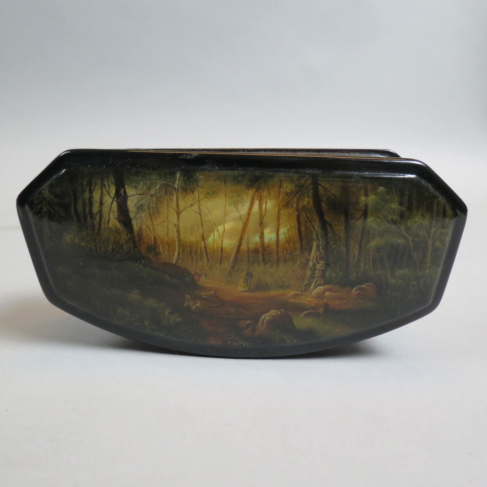 Russian Lacquerware Handpainted Box,: crescent shaping, figures in woods, abalone sky, footed, signed and titled, 3" x 6 1/2" x 2 1/4", excellent.