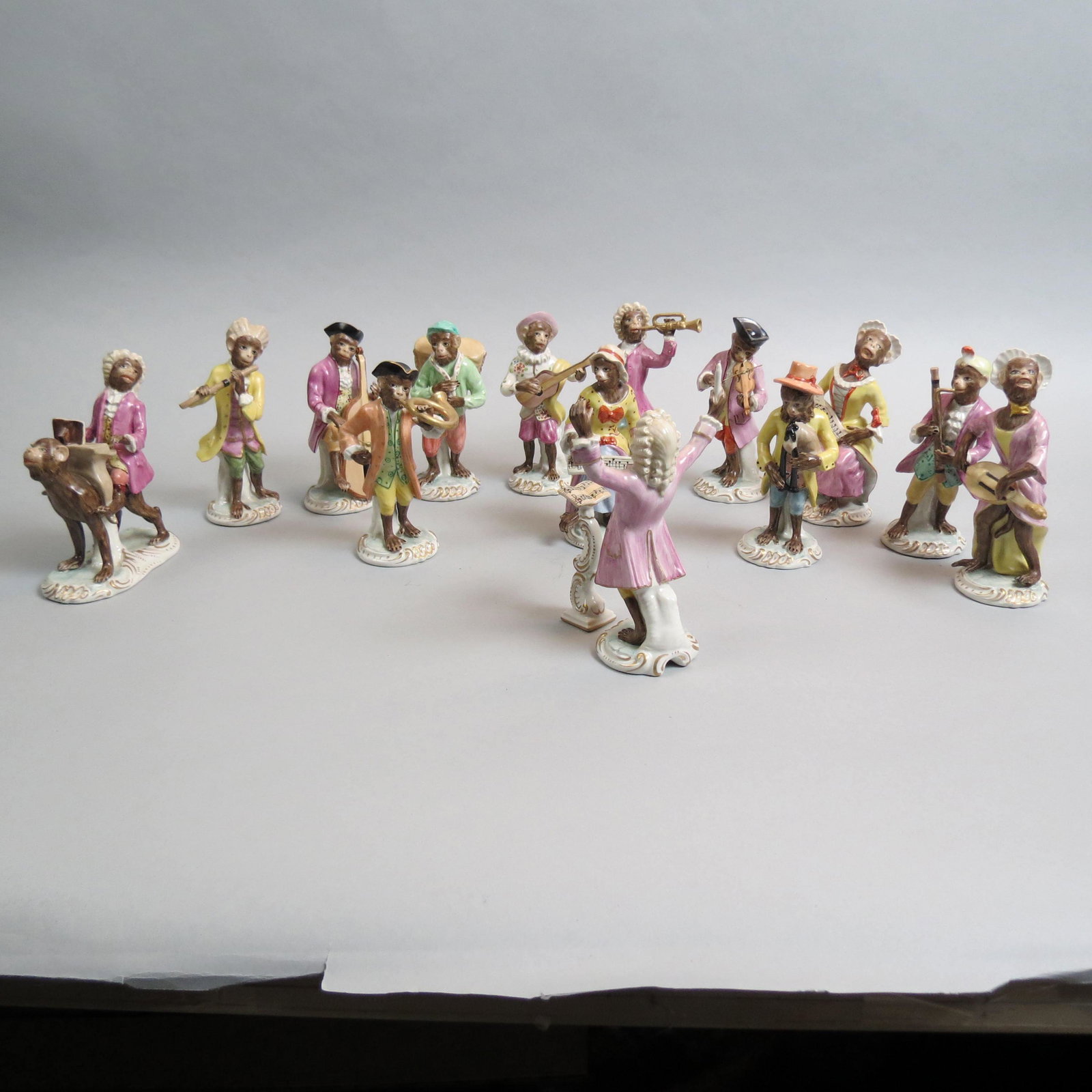 14 pc. Italian Porcelain Monkey Band Figurine Set,: The British Trust Collection, Port Royal made for Chelsea House, 6 1/2" to 7", excellent.