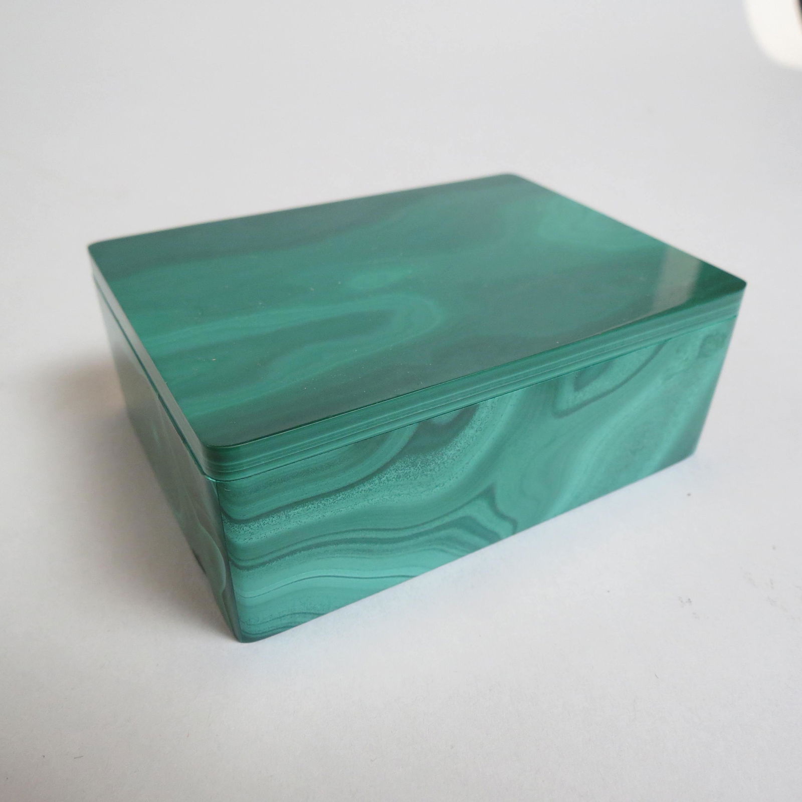 Malachite Stone Box,: beautiful specimen, hinged lid, 2 3/4" x 3 3/4", 1 3/8" deep, excellent.