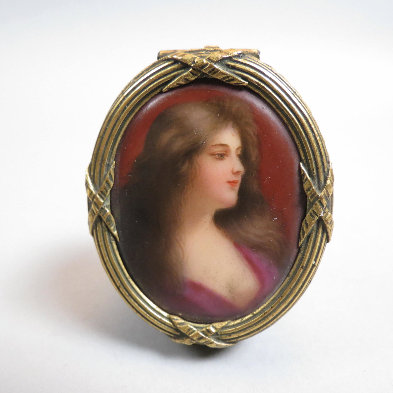 French Bronze Box with Miniature Painting,: on porcelain of beautiful young woman, 1 3/4" x 2 1/4".