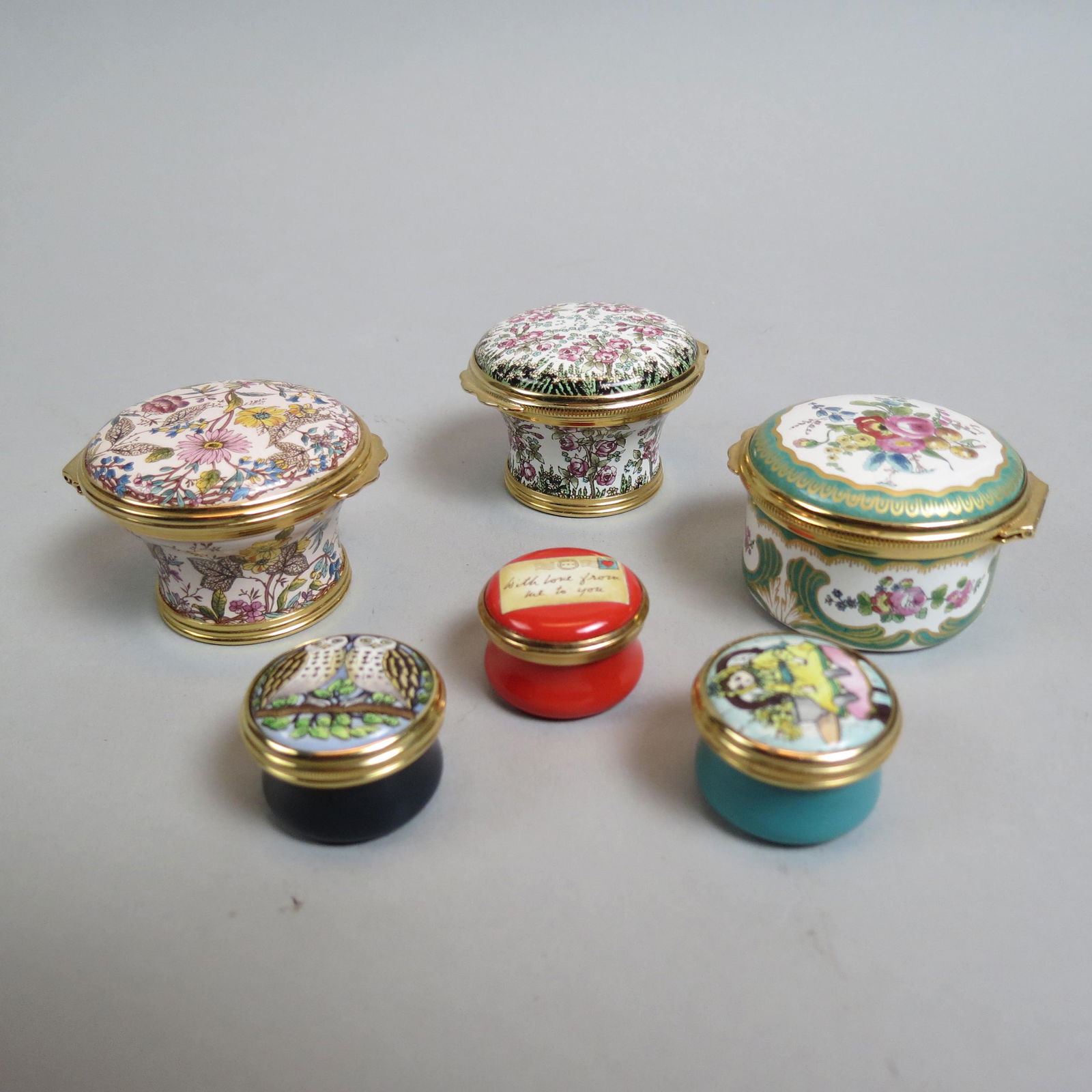 6 Halcyon Days English Enamel Boxes,: all different, 1" x 1 1/2", excellent.