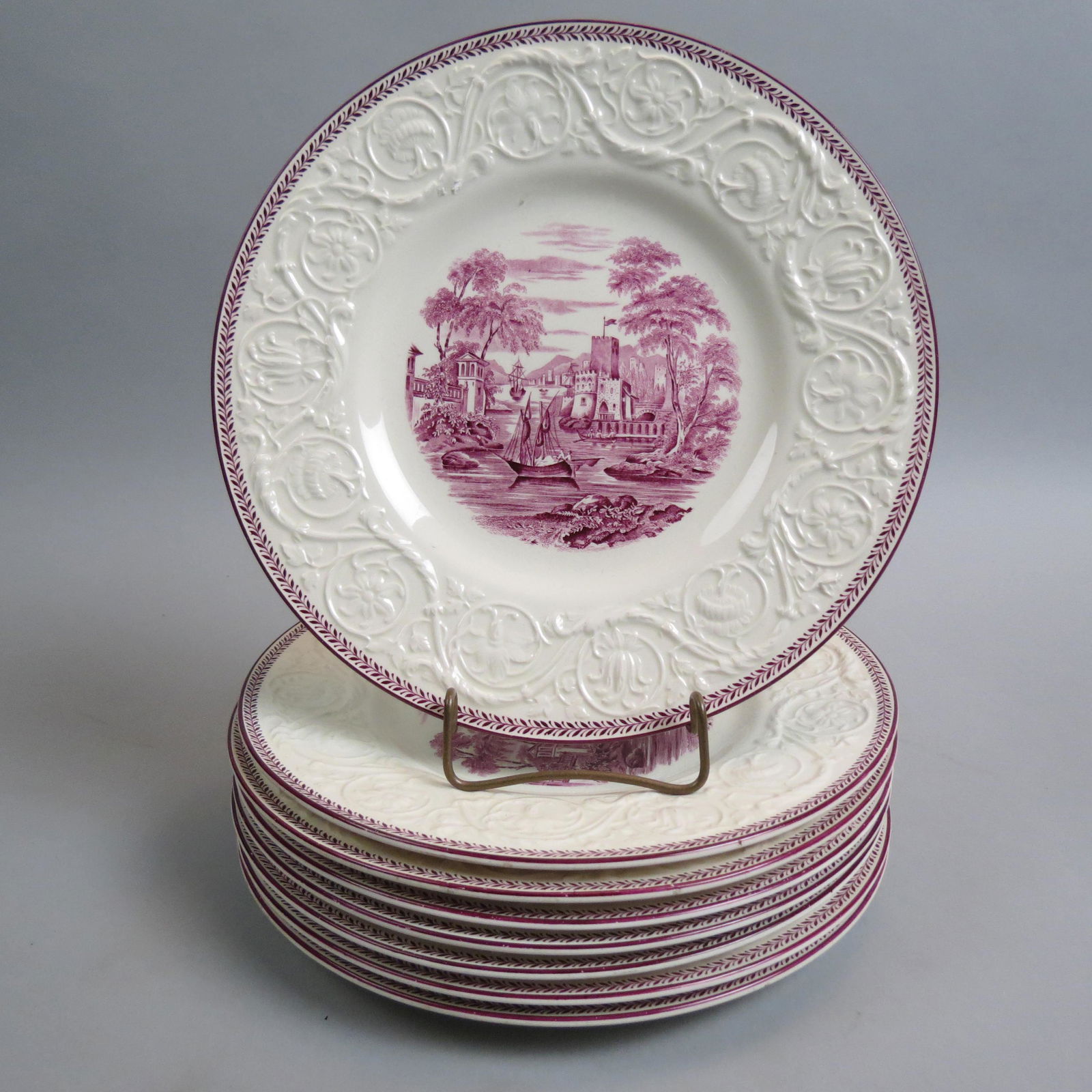 8 Wedgwood Patrician "Paignton" Plates,: classical scenes, burgundy on white, embossed borders, 10 1/2", excellent.